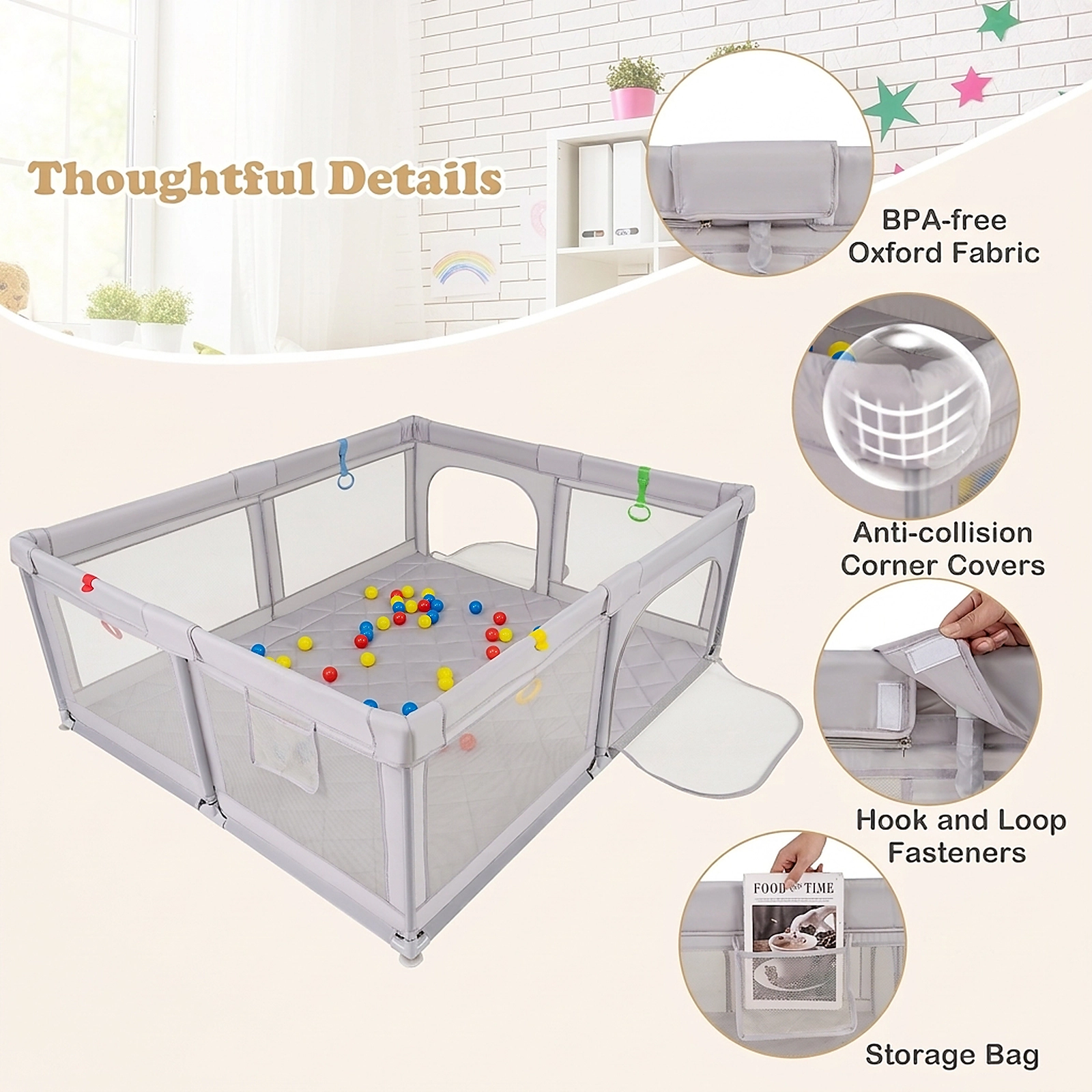 SUGIFT 73-in Large Baby Playpen with Waterproof Play Mat 50 Ocean Balls 4 Pull Rings and Mesh Storage Bag