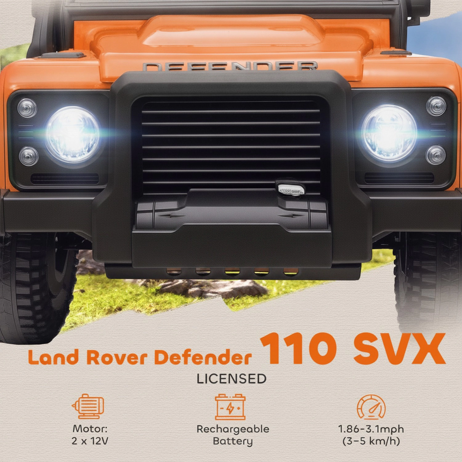 HONGGE Land Rover Defender 110 SVX Licensed Kids Electric Ride On Car with Remote Control, LED Lights, Orange