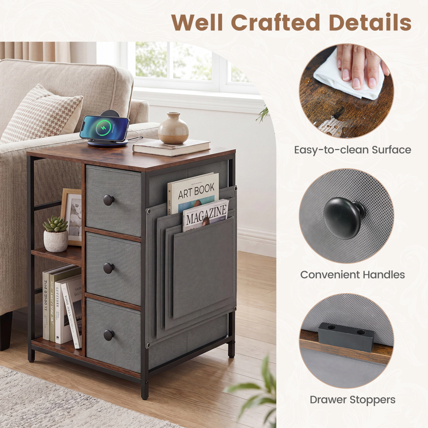 Glintex Industrial Nightstand with Charging Station Side Pockets and Drawer Stoppers, Rustic Brown