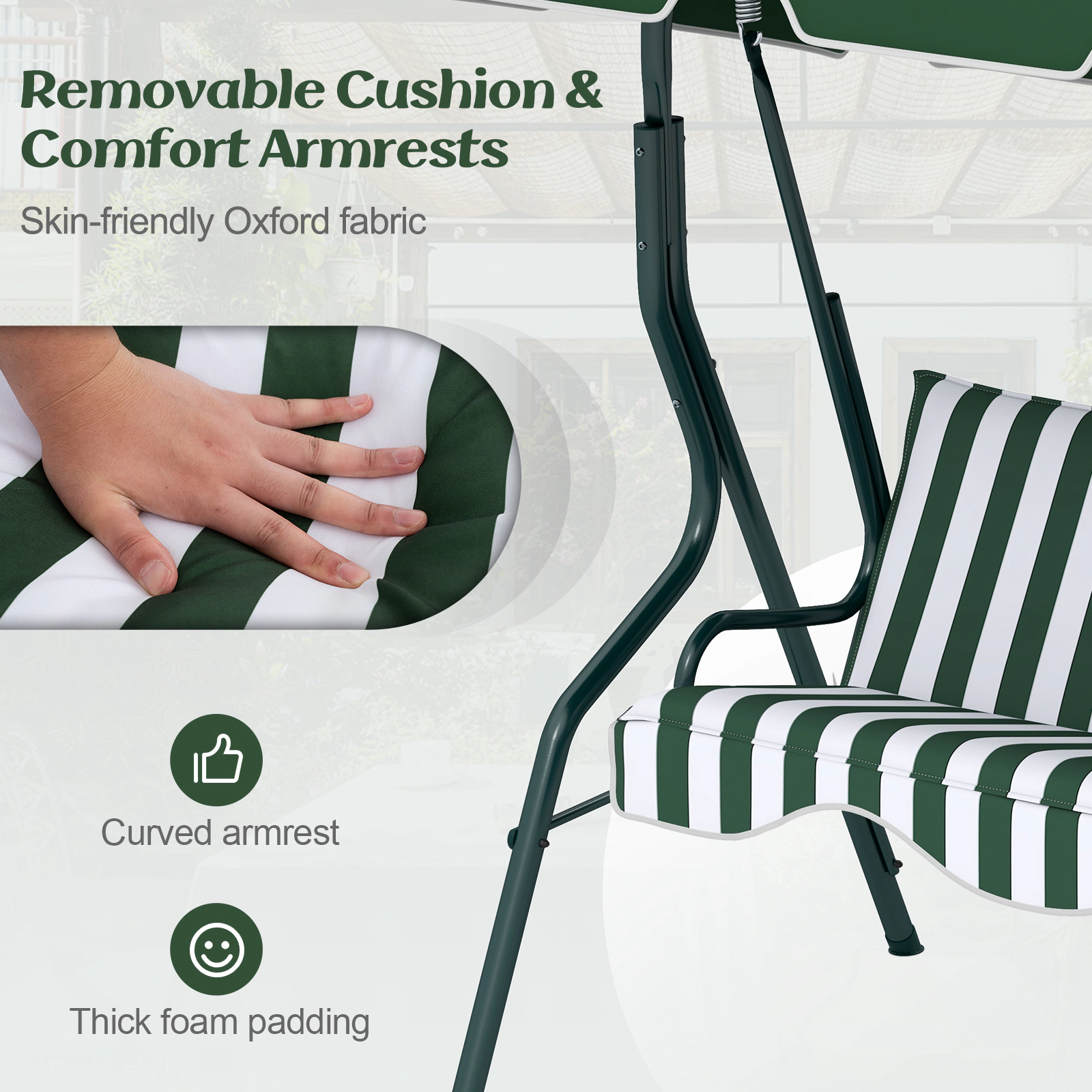 SUGIFT 3-Seat Outdoor Patio Canopy Swing with Cushioned Steel Frame 500-lb Capacity Green