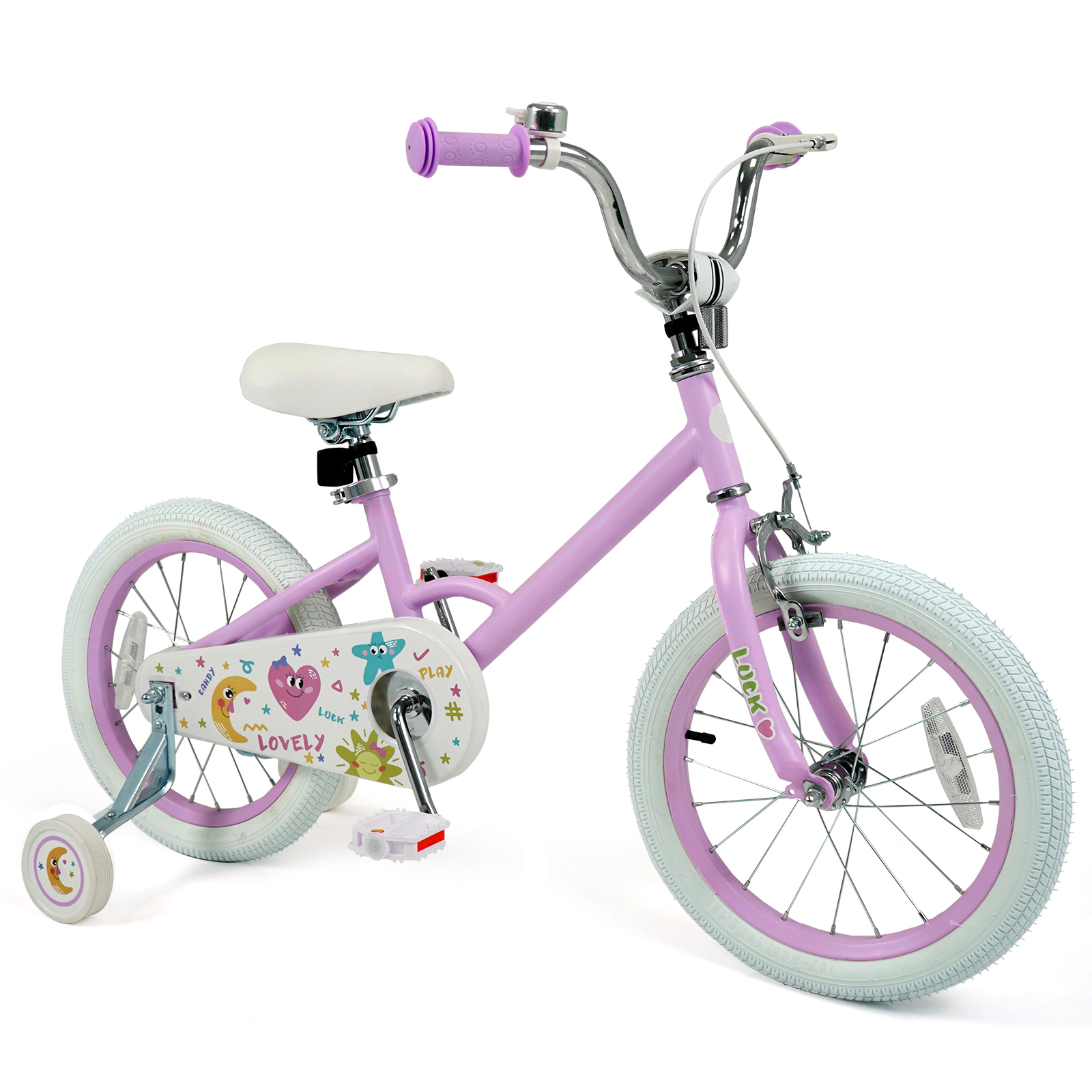 SUGIFT Adjustable 16-Inch Kids Bicycle with Training Wheels 110-lb Seat Capacity Ages 4-7 Purple Stars & Moon