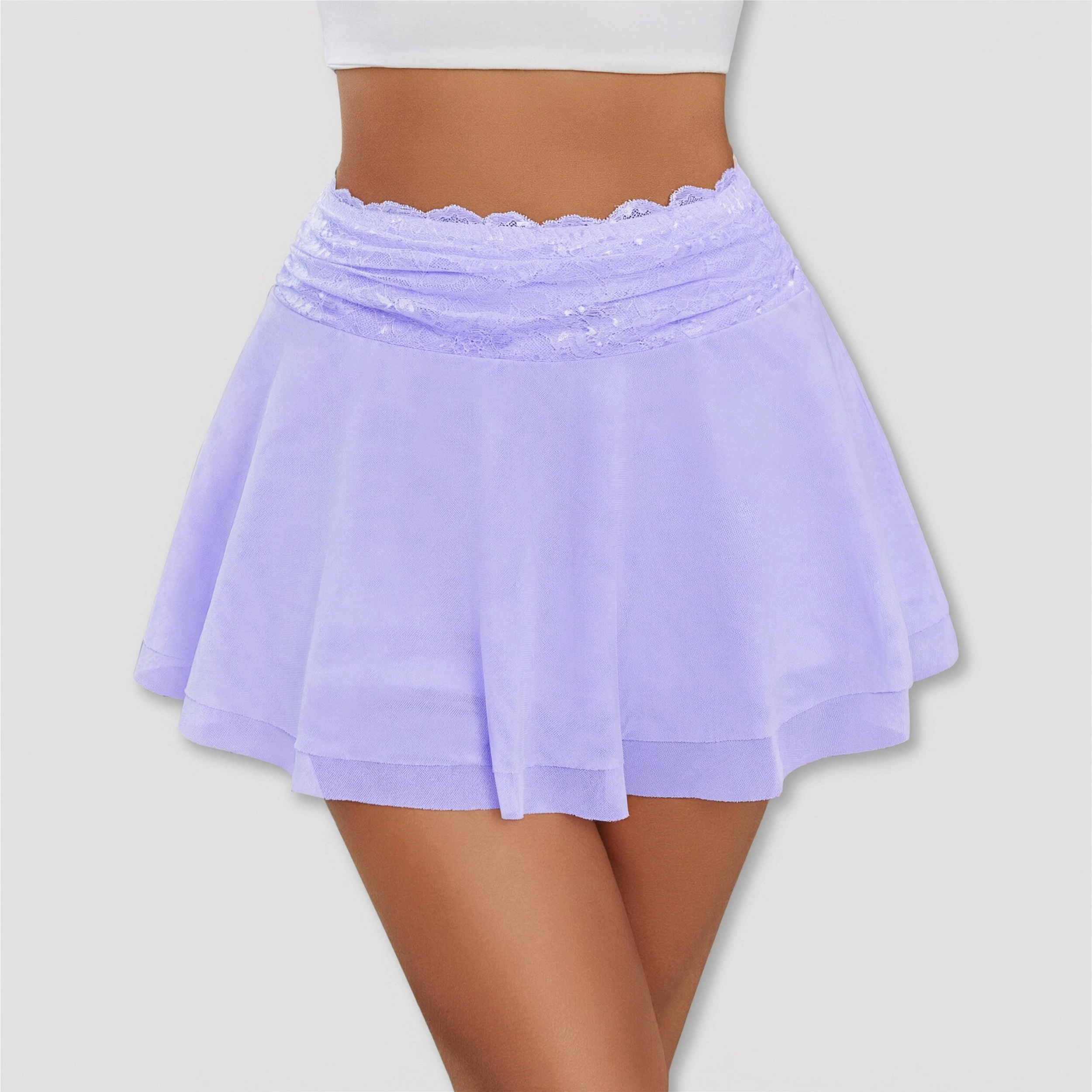 Avidlove Women's Pleated Lace Mesh Layered Ruffled Mini Skirt