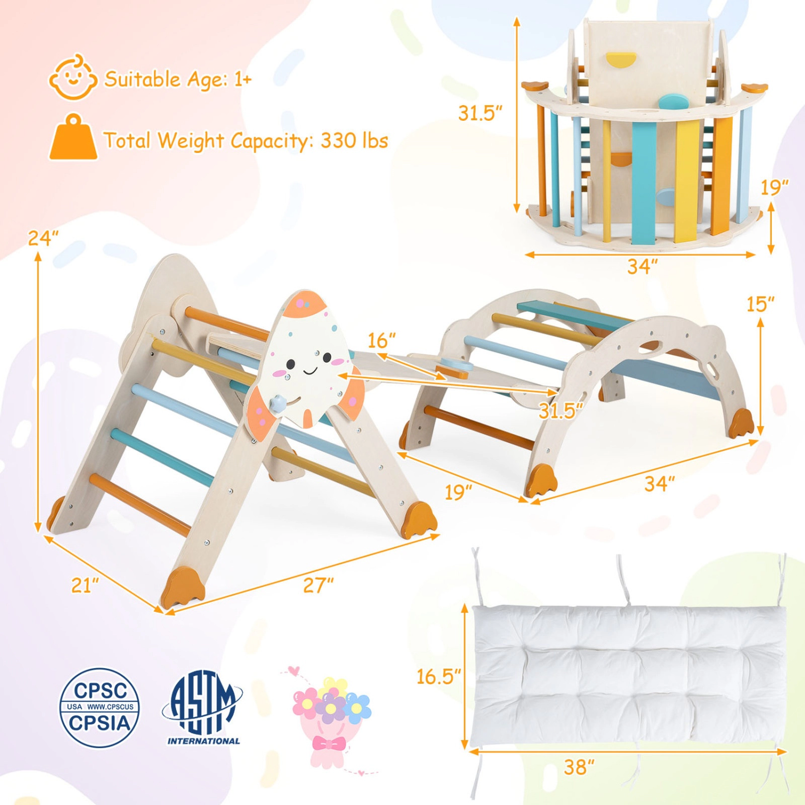 SUGIFT Macaron Rocket Themed Foldable Kids Climber with Triangle Arch and Balance Bridge 34-in W 19-in D 31.5-in H