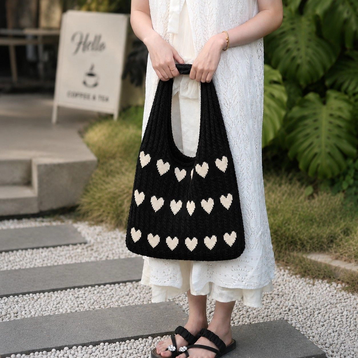 Alilang Women's Knitted Heart Tote Bag Large Capacity Casual Shoulder Lightweight Daily Bag, Ivory