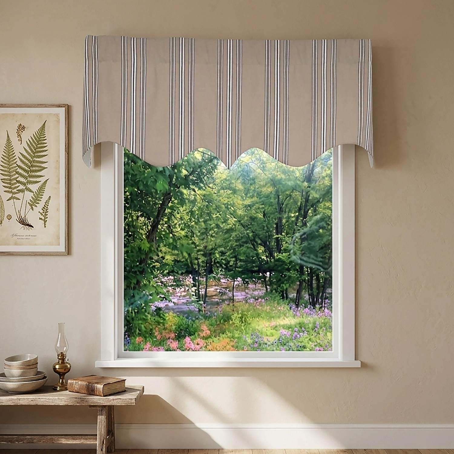 RLF Home French Stripe Regal Window Valance 100% Cotton Lined Rod Pocket 50" x 17" Beige