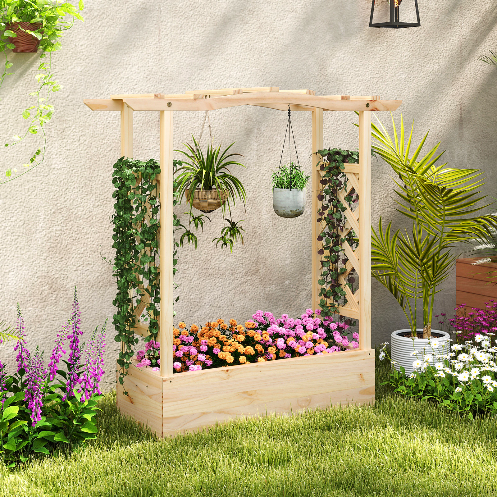 SlickBlue 44 Inch Elevated Garden Bed with Side Trellises Natural Wood