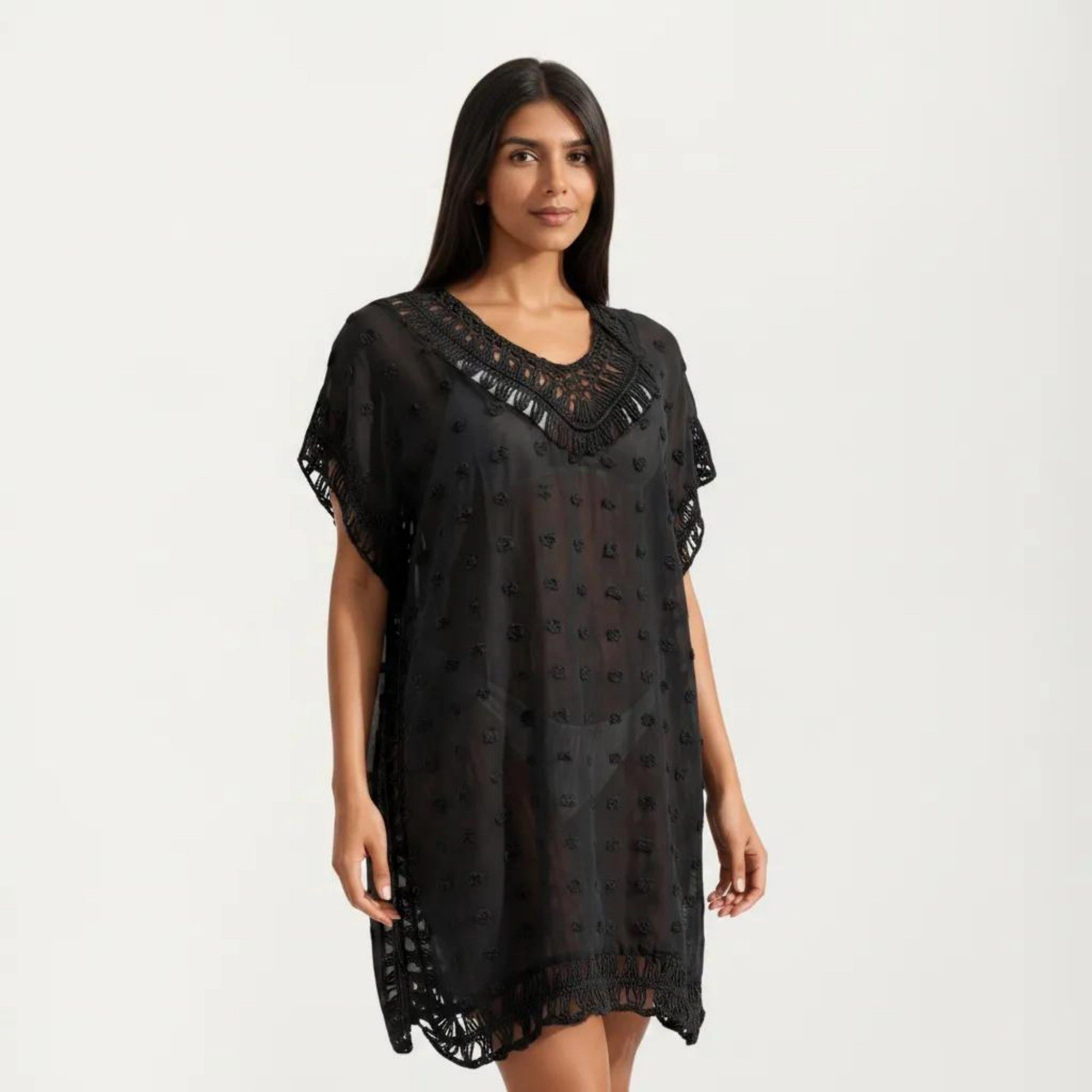 Anna-Kaci Women's Sheer Crochet Trim Tassel Detail Relaxed Fit Short Sleeve Cover Up Dress