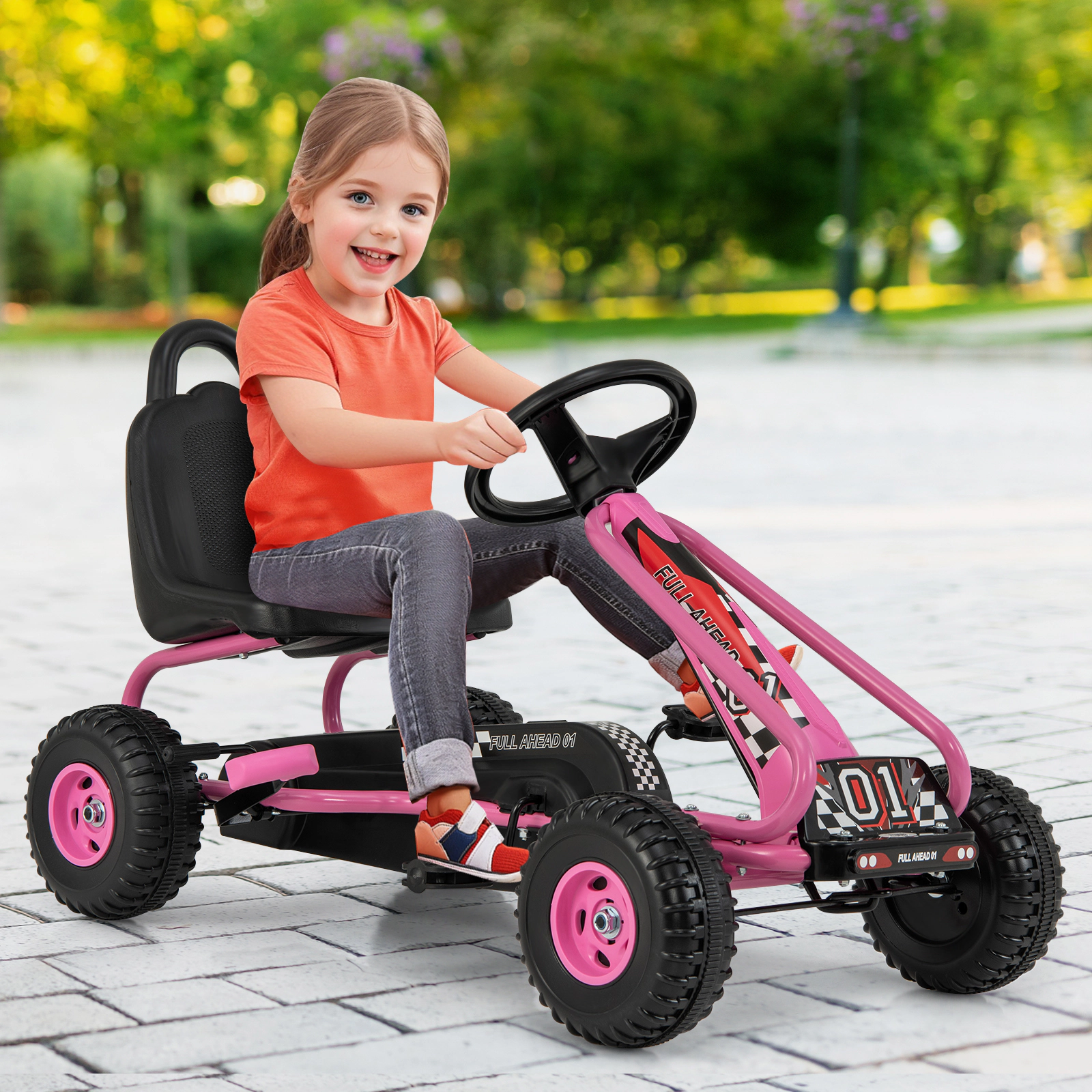 4-Wheel Pedal Go Kart for Kids Ages 3-6 Adjustable Bucket Seat Hand Brake and Enclosed Chain Cover Ride On Pedal Car