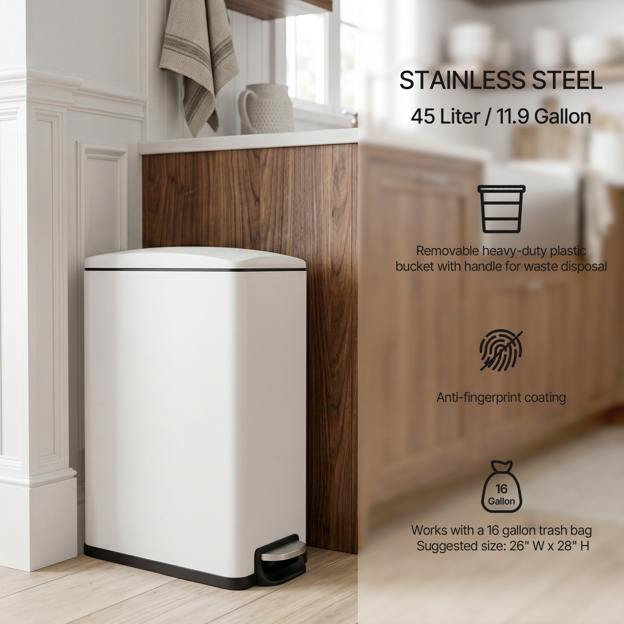 Innovaze 12.9 Gal./ 45 Liter Slim Stainless-Steel-Made Matt White Step-on Kitchen Trash Can