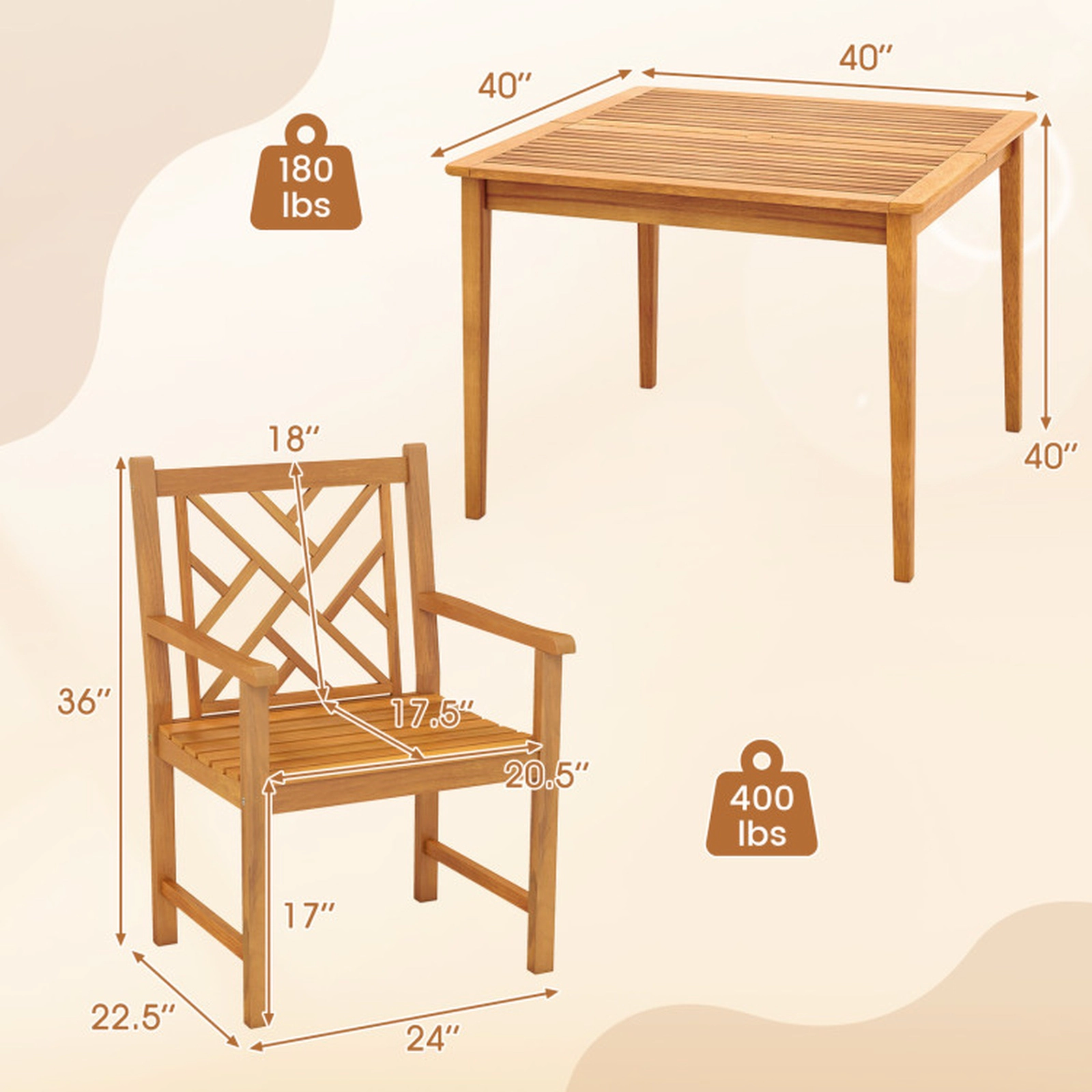 SUGIFT 5-Piece Acacia Wood Patio Dining Set, Square Table, 4 Slatted Chairs, Umbrella Hole