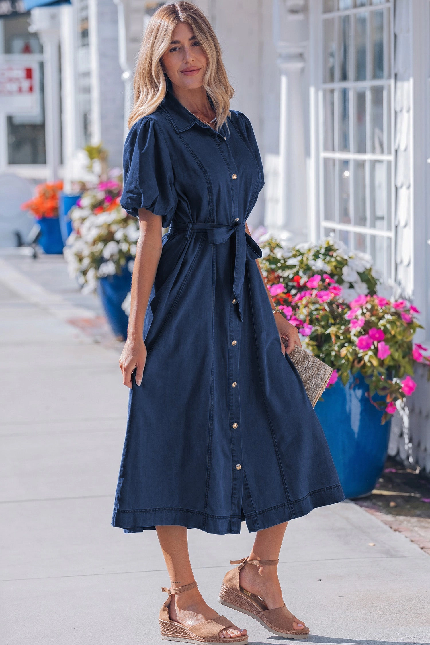 Threaded Pear Womens Makayla Bubble Sleeve Button-Down Midi Dress, Sail Blue