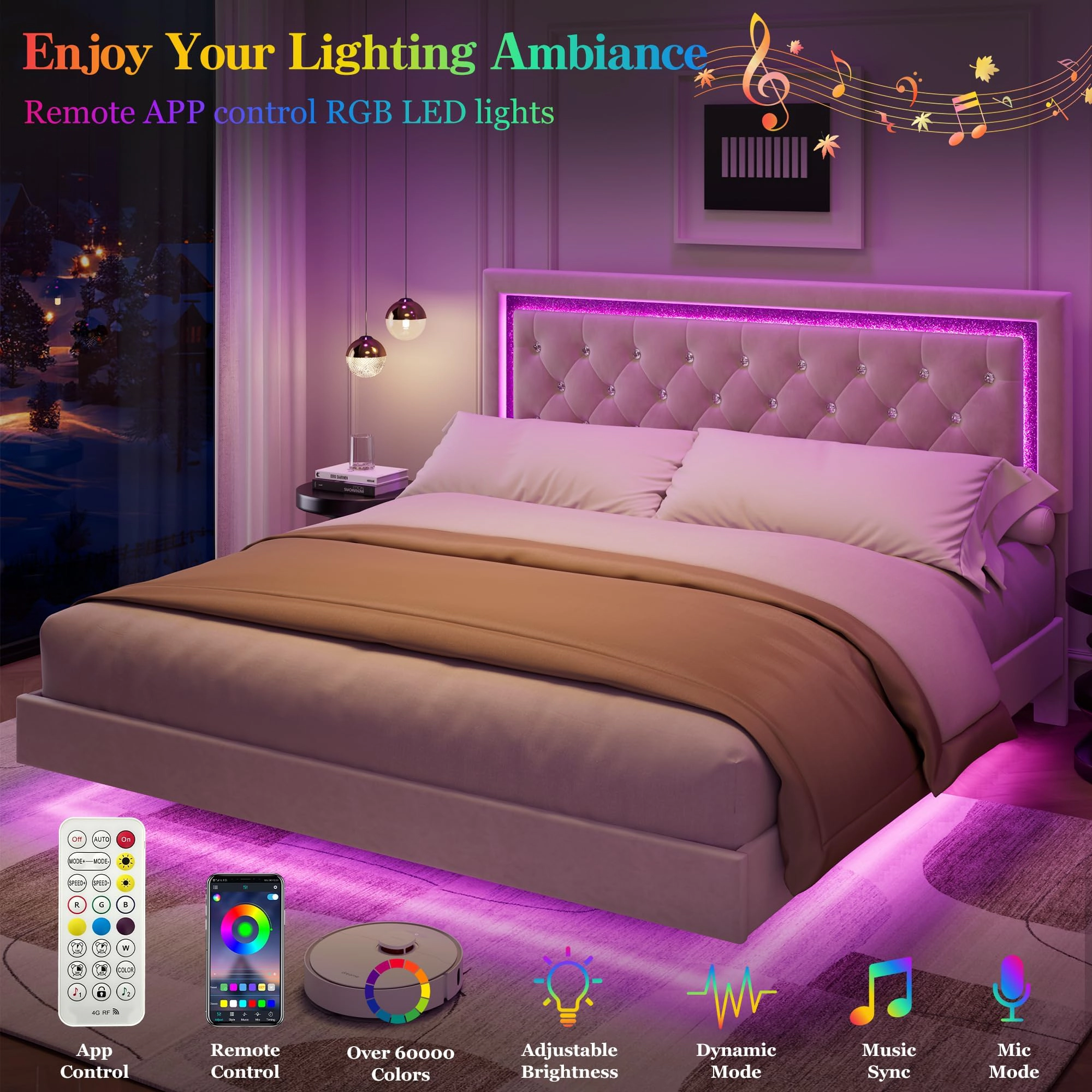 Floating Platform Bed with Diamond Upholstered Headboard and RGB LED Lights, Under-Bed Storage, Wood Slat