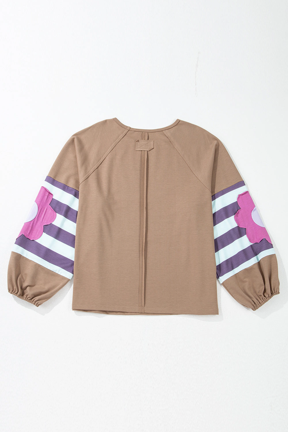 Threaded Pear Women's Light French Beige Flower Striped Patchwork Puff Sleeve Loose PLUS Sweatshirt