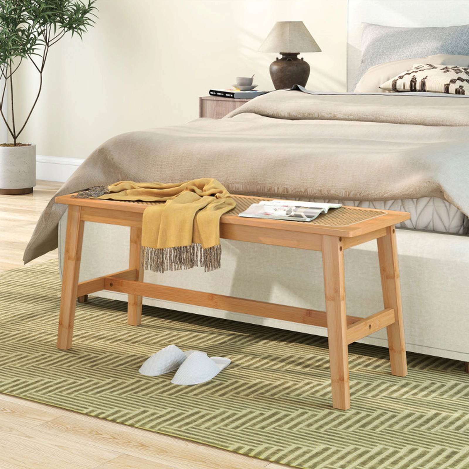 SUGIFT Natural Handwoven PVC Rattan Seat for Indoor Outdoor 39.5 Inch Bamboo Dining Bench