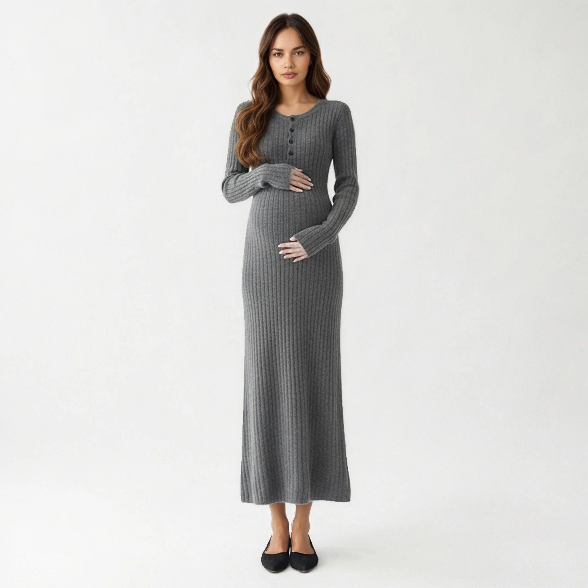 Anna-Kaci Women's Ribbed Knit Maternity Long Sleeves Stretch Fabric Flattering Button Front Maxi Dress