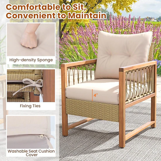 Hivvago 3 Pieces Patio Furniture Set With Acacia Wood Frame Cushions-Brown
