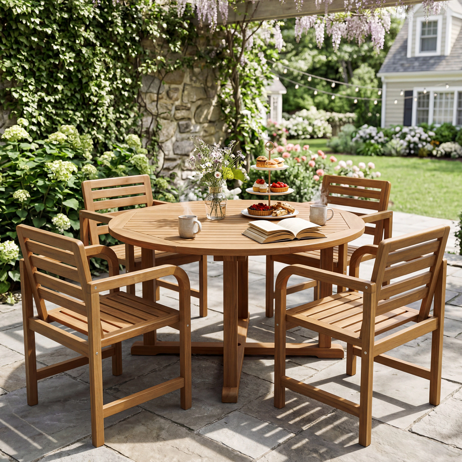 LJG Natural Wood Patio Armchair with Slanted Back and Slatted Seat