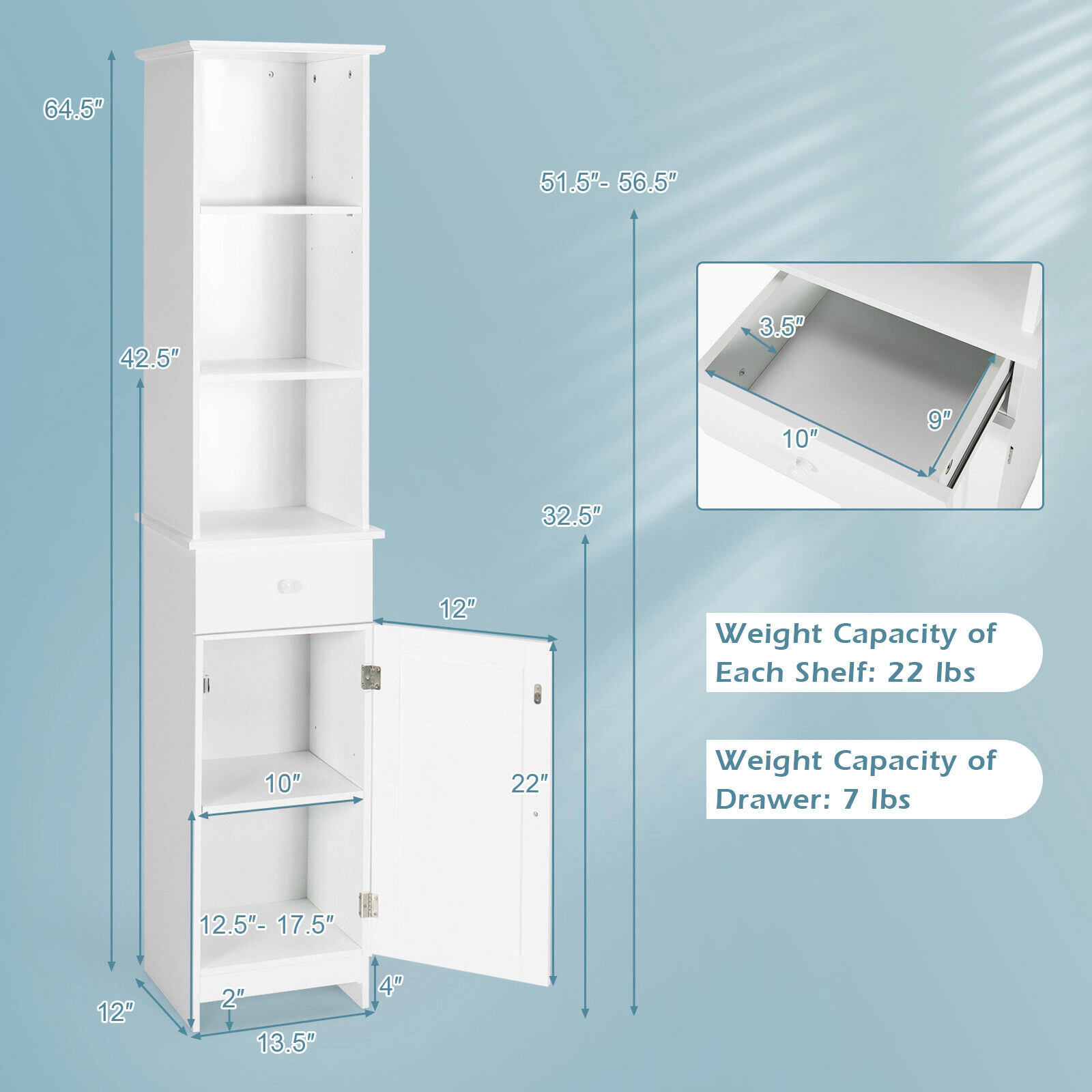 Slickblue Tall Bathroom Storage Cabinet White MDF Entryway Laundry Bathroom Drawer Shelves