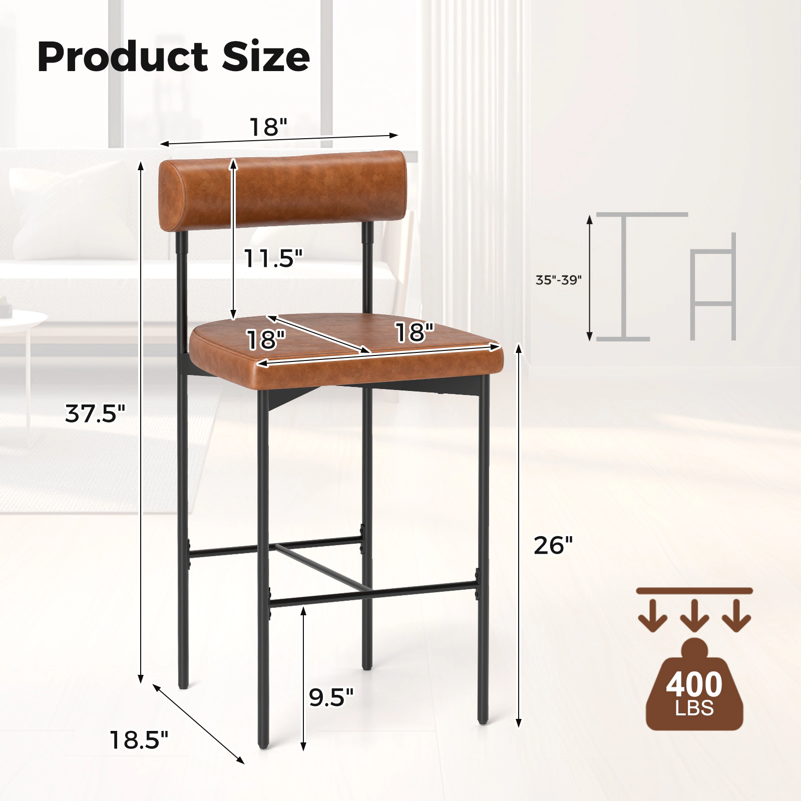 SUGIFT Set of 2 Brown 26-In Counter-Height Bar Stools, 400-Lb Capacity, PVC Leather, X-Braced Metal Frame