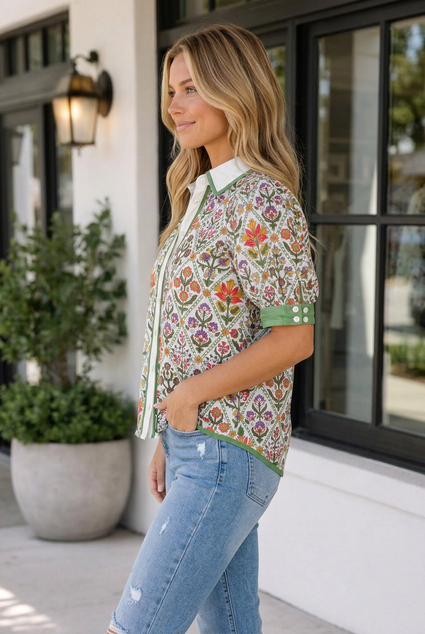 Threaded Pear Women's Violet Sleeve Floral Shirt