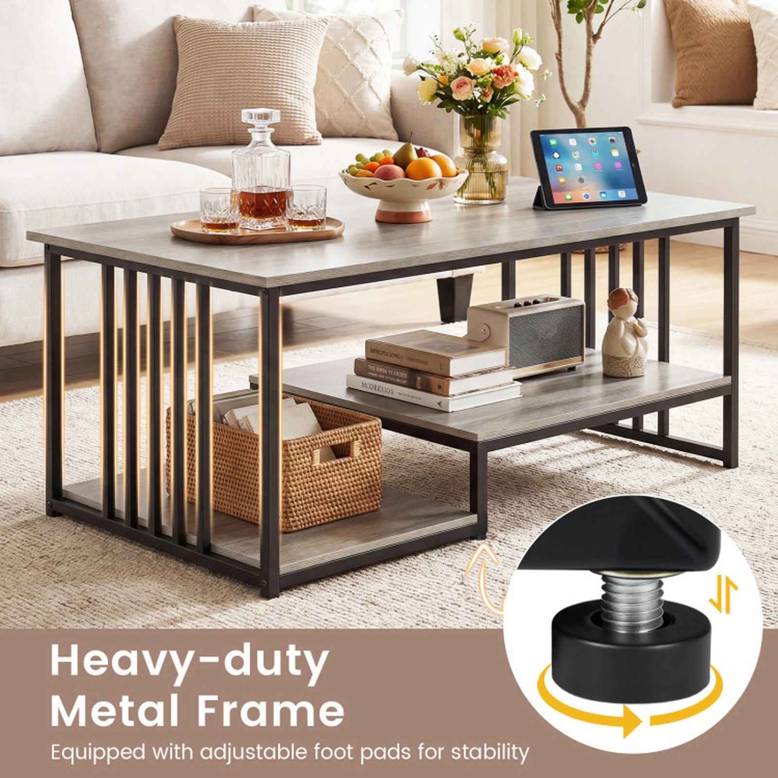 SUGIFT 43.5-in 2-Tier 110-lb Capacity Oak Rustic Wood Grain Coffee Table with Open Shelf and Metal Frame