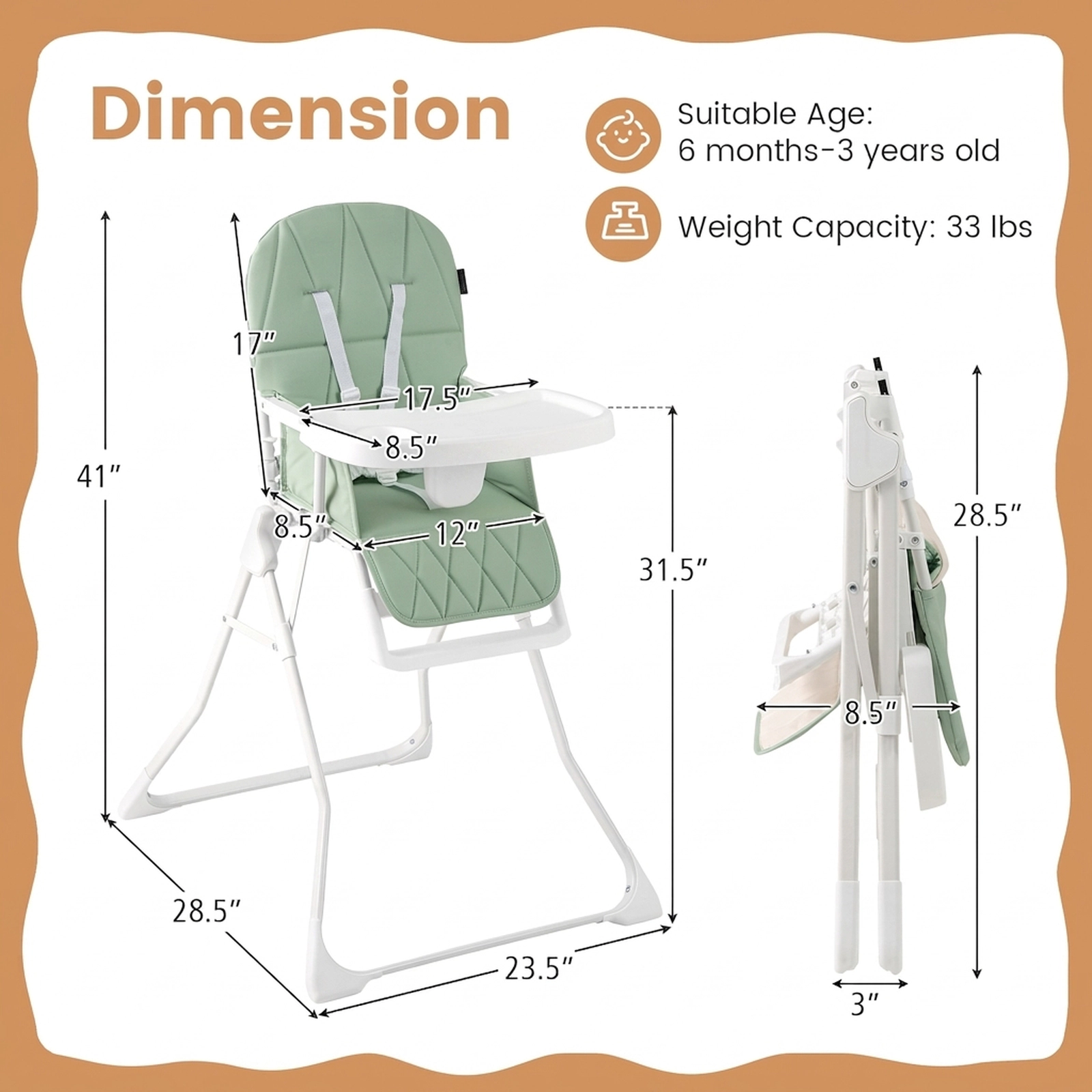 Easy-Clean Compact Folding Baby High Chair Quick-Release Tray Built-In Cup Holder 3-in Flat Fold 6 to 36 Months Green