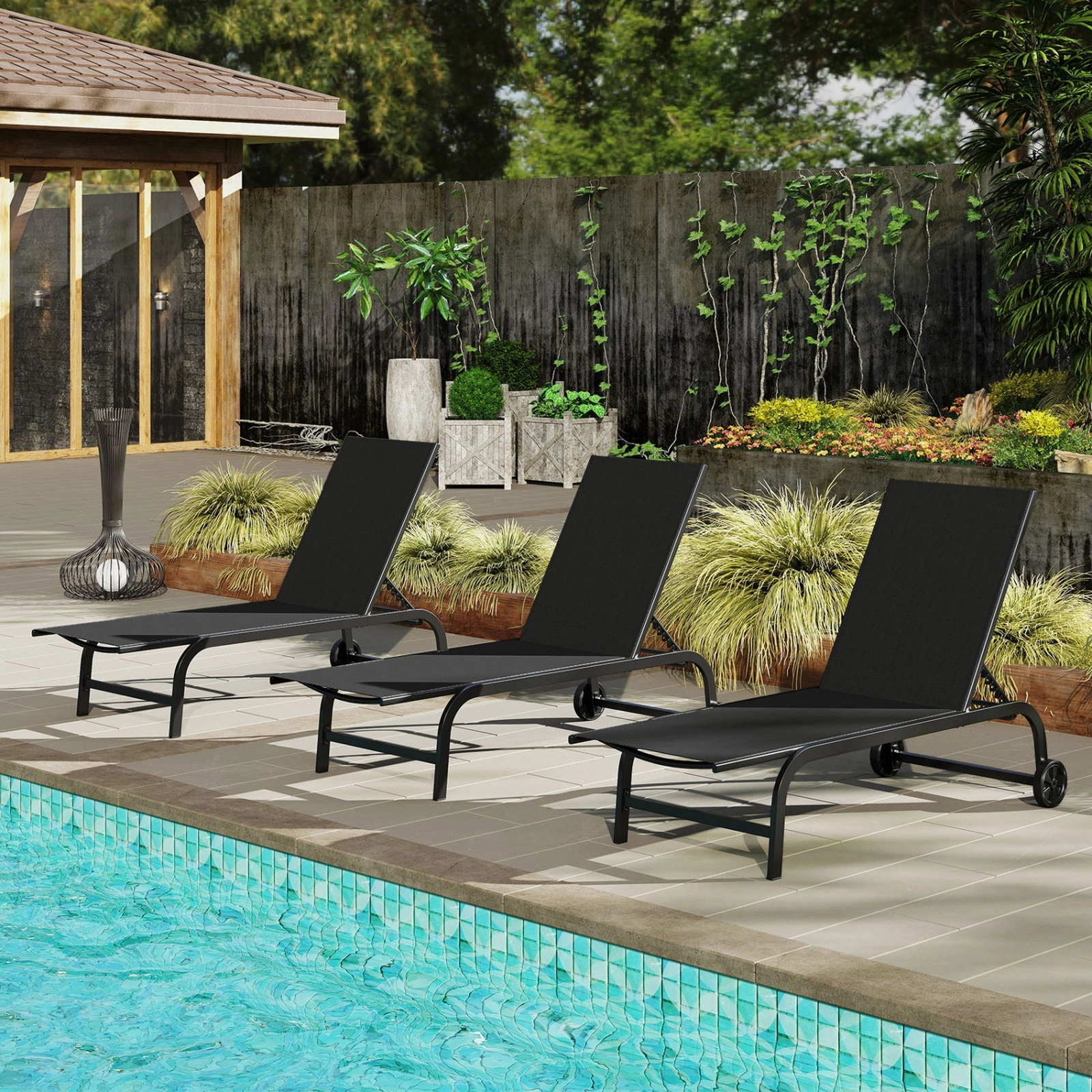 SUGIFT Outdoor Chaise Lounge Chair, Wheeled Metal Patio Recliner, 6-Level Flat-Adjusting Backrest, Black