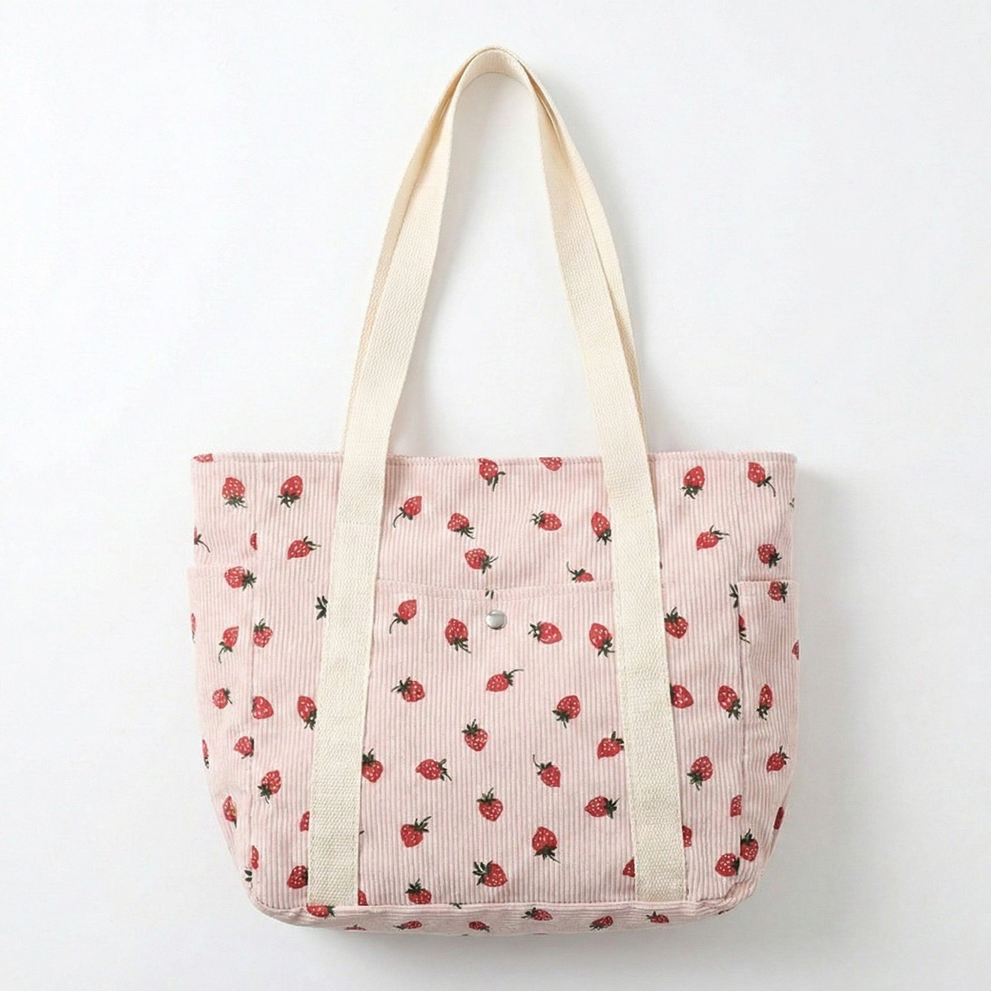Alilang Women's Strawberry Print Corduroy Tote Bag with Double Shoulder Straps and Front Snap Pocket 11.8x7.8x3.7in