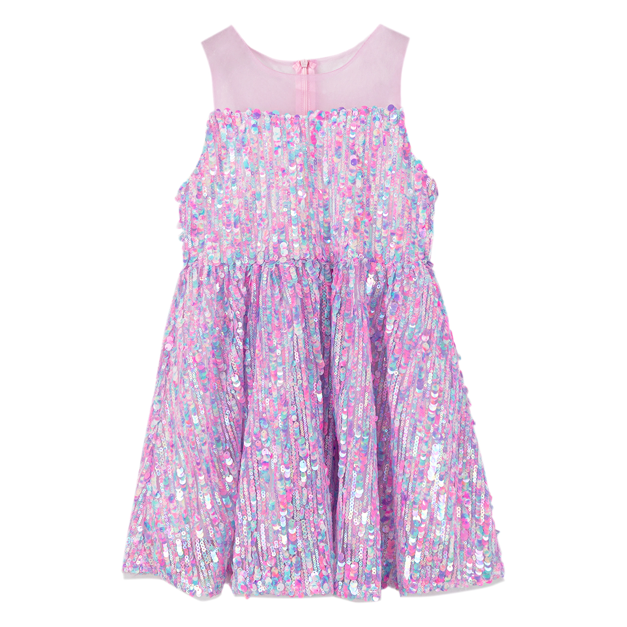 2Bunnies Girls' Pastel iridescent Sequin Illusion Neckline Sleeveless Dress