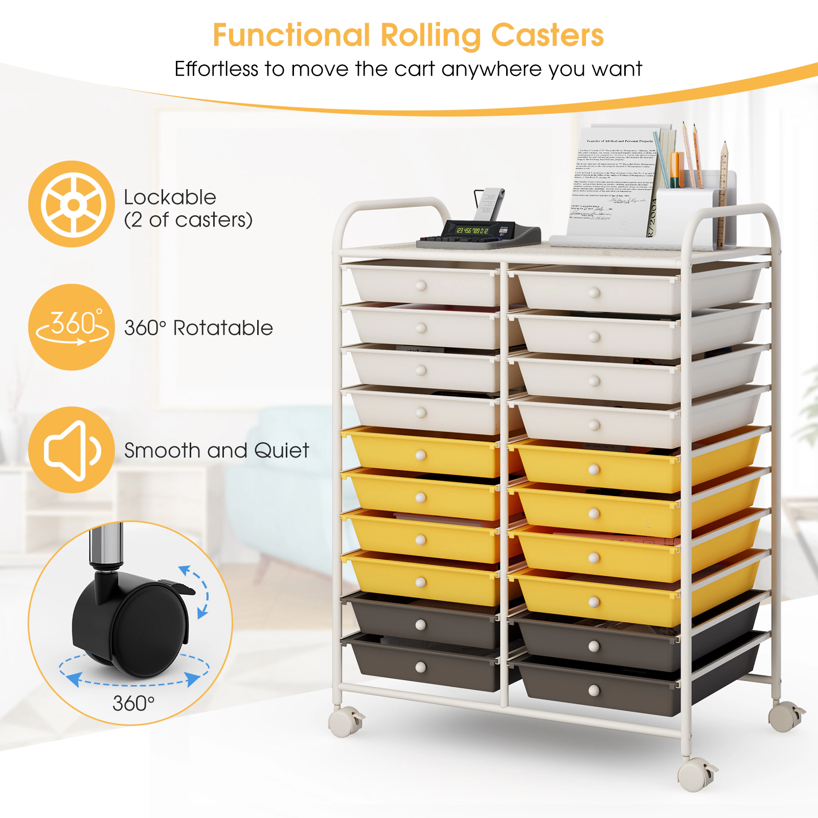 SUGIFT Yellow 20-Drawer Rolling Utility Cart Studio Storage Organizer with 4 Swivel Casters and Steel Frame