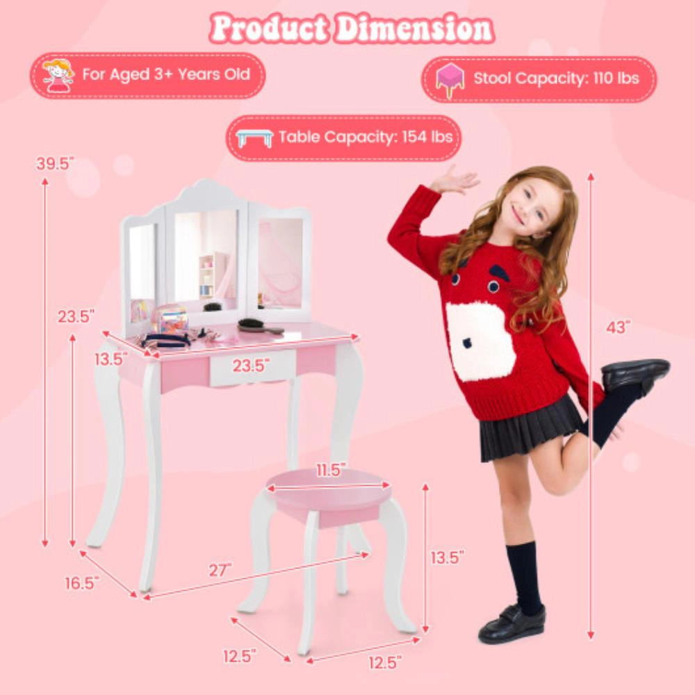 Hivvago Kid'S Wooden Vanity Table And Stool Set  With 3-Panel Acrylic Mirror-White