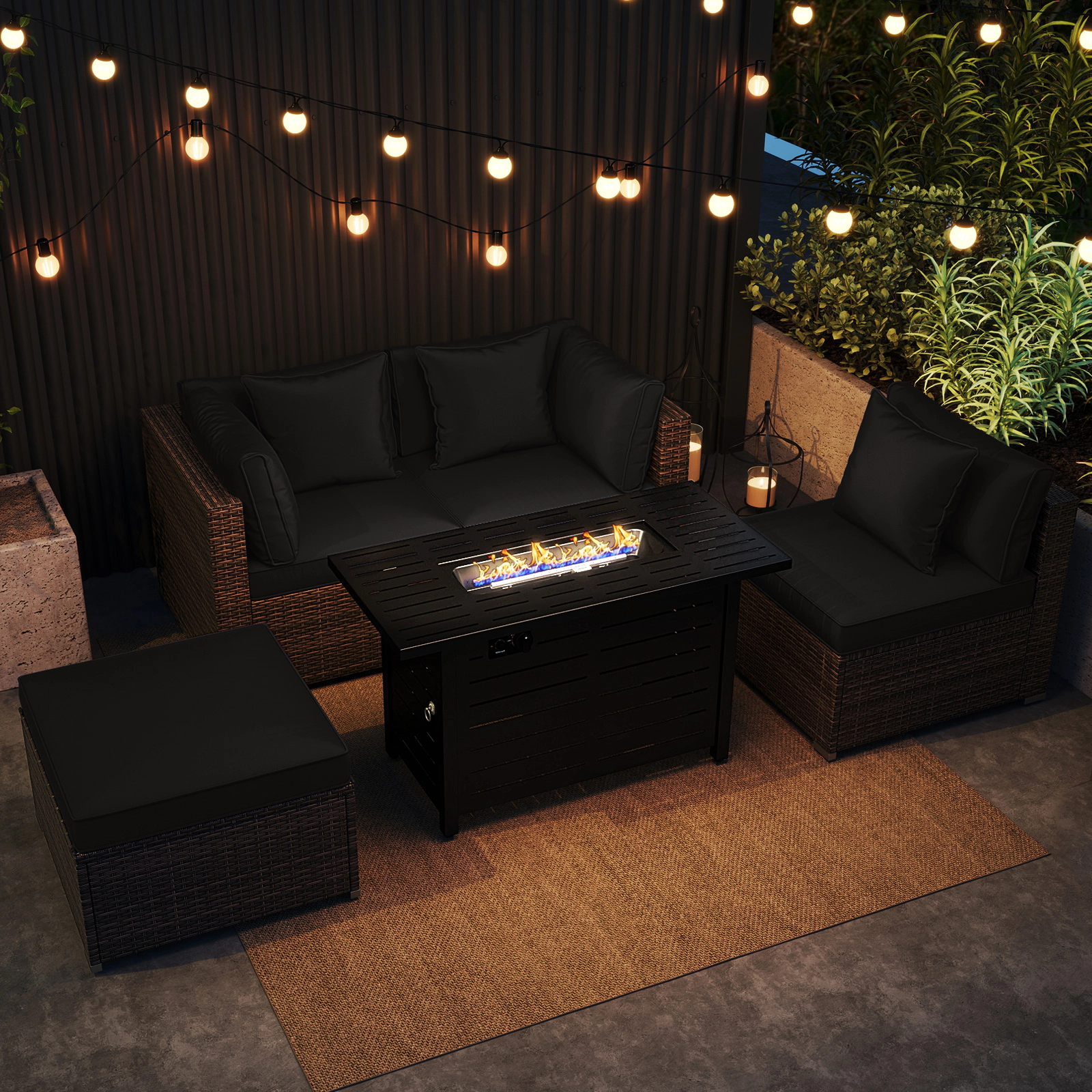 LJG Heavy-duty Frame Rattan Sofa Set with 60000 BTU Firepit Table
