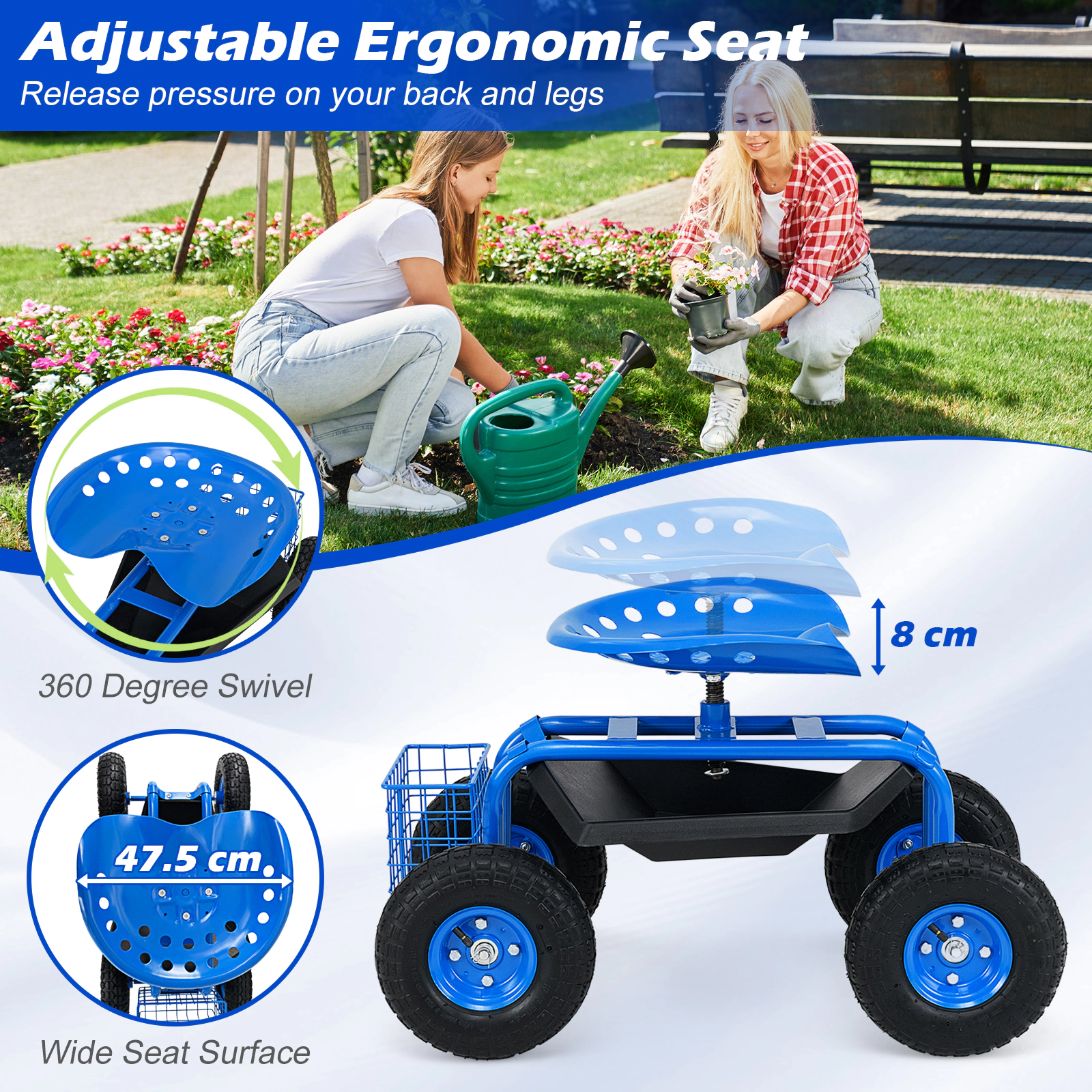 SUGIFT Blue 330-lb Capacity Rolling Garden Cart Seat Stool with Tool Tray Basket and Pneumatic Wheels