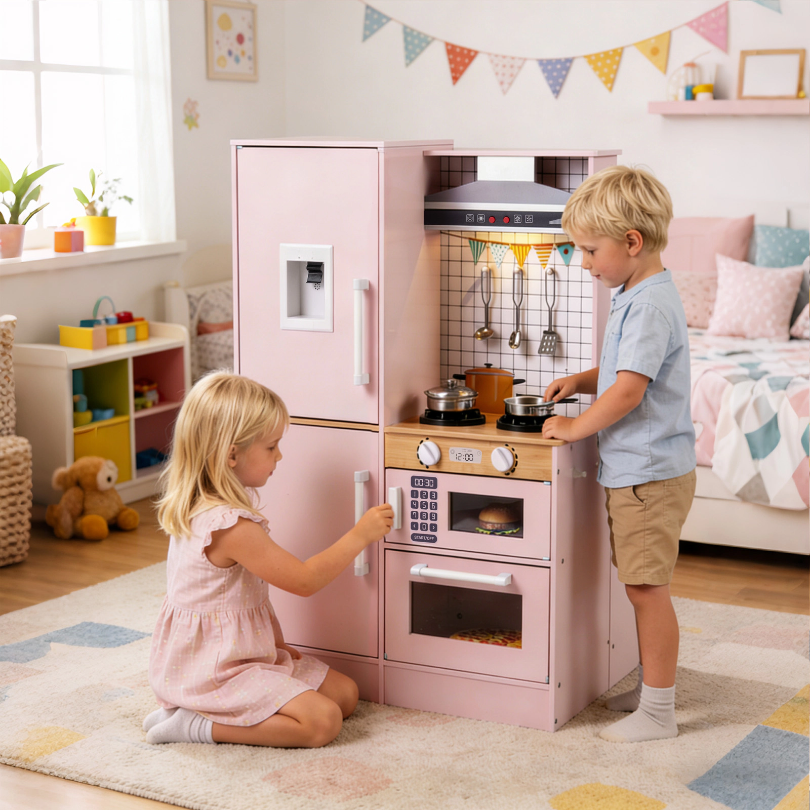 SUGIFT Dual-Sided Kids Play Kitchen with Water Dispenser and Range Hood Ages 3+ White/Pink