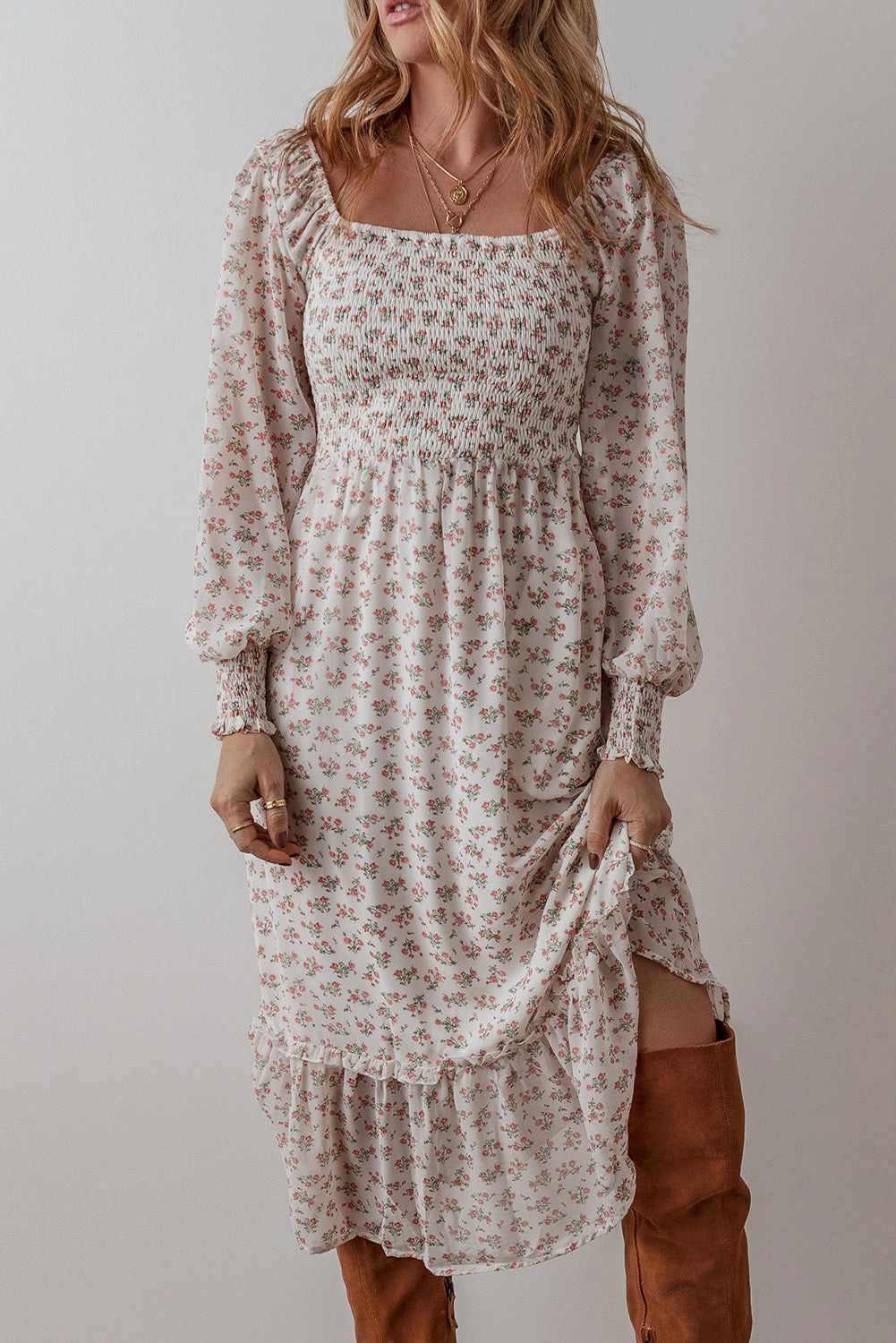 Threaded Pear Women's Delaney Ruffled Hem Square Neck Midi Dress