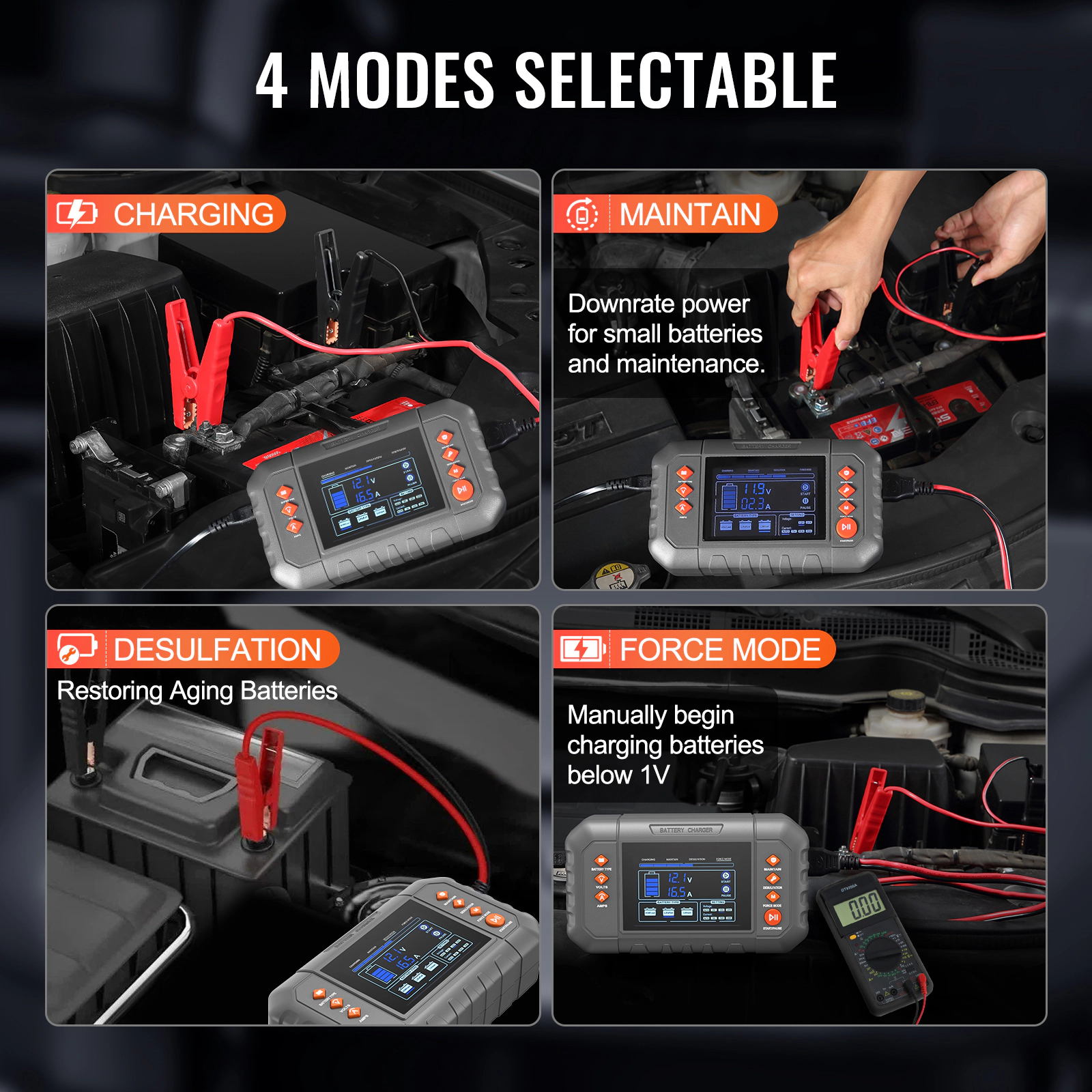HONGGE Smart Battery Charger Lithium LiFePO4 Lead-Acid AGM / Gel / SLA Car Battery Charger with LCD Display Trickle