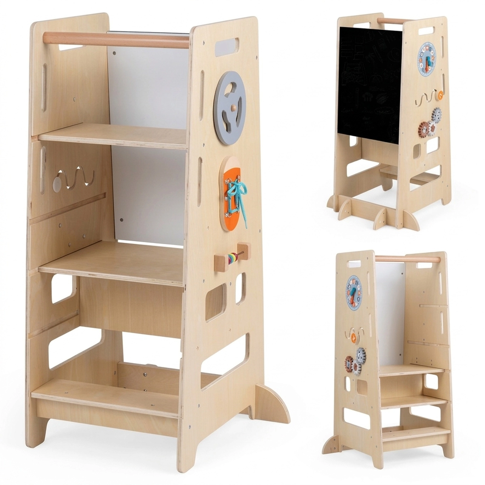 SUGIFT Natural Wooden Toddler Standing Kitchen Tower with 2 Adjustable Heights and Chalkboard Panel