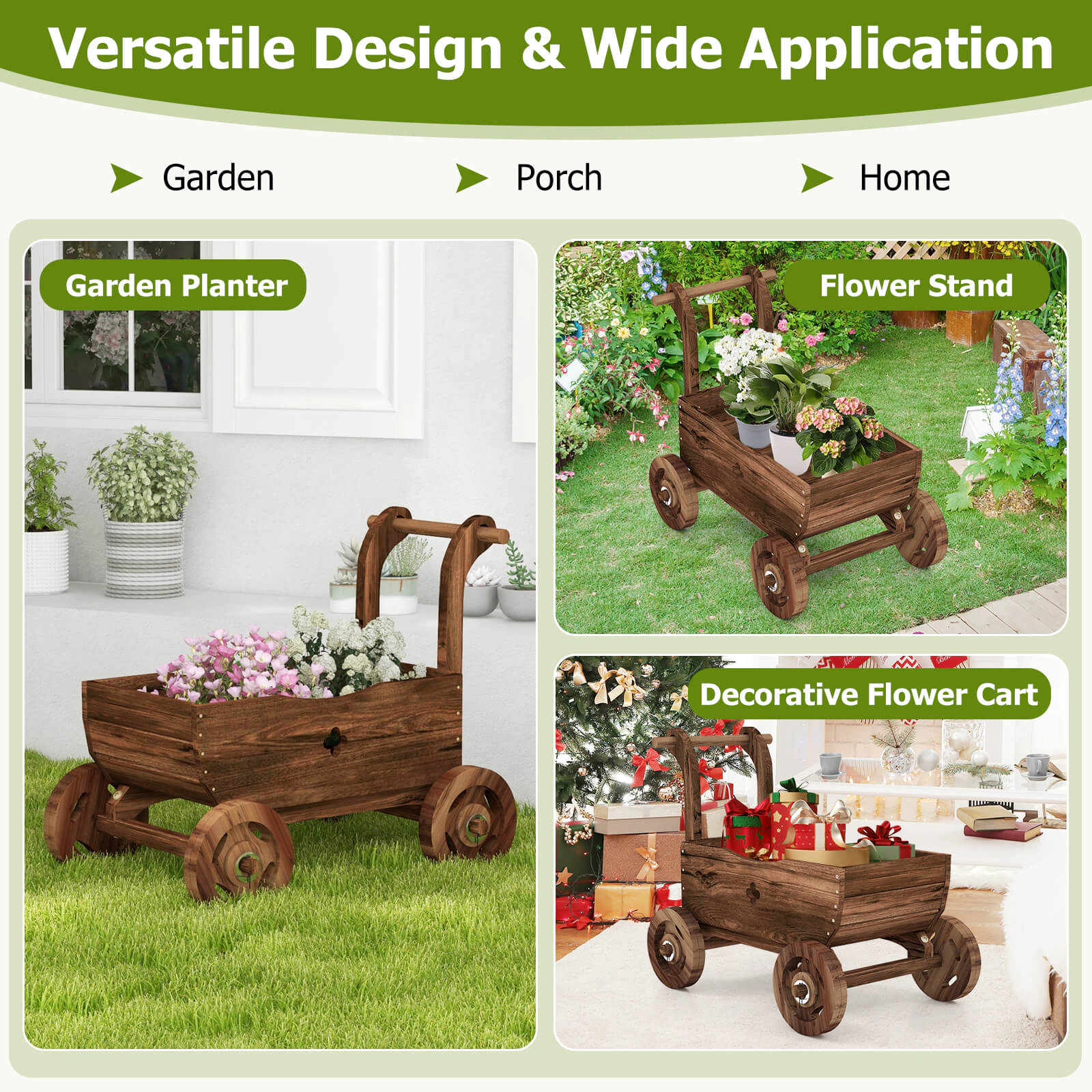 SUGIFT Decorative Fir Wood Wagon Cart Planter with Handle Wheels 44-lb Capacity 27-in Long Rustic Brown