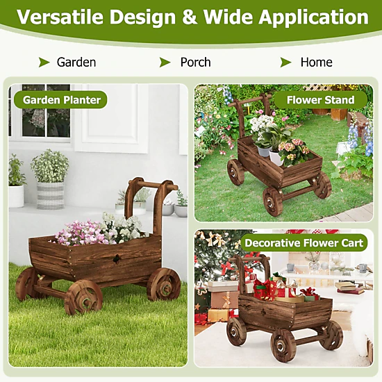 SUGIFT Decorative Fir Wood Wagon Cart Planter with Handle Wheels 44-lb Capacity 27-in Long Rustic Brown