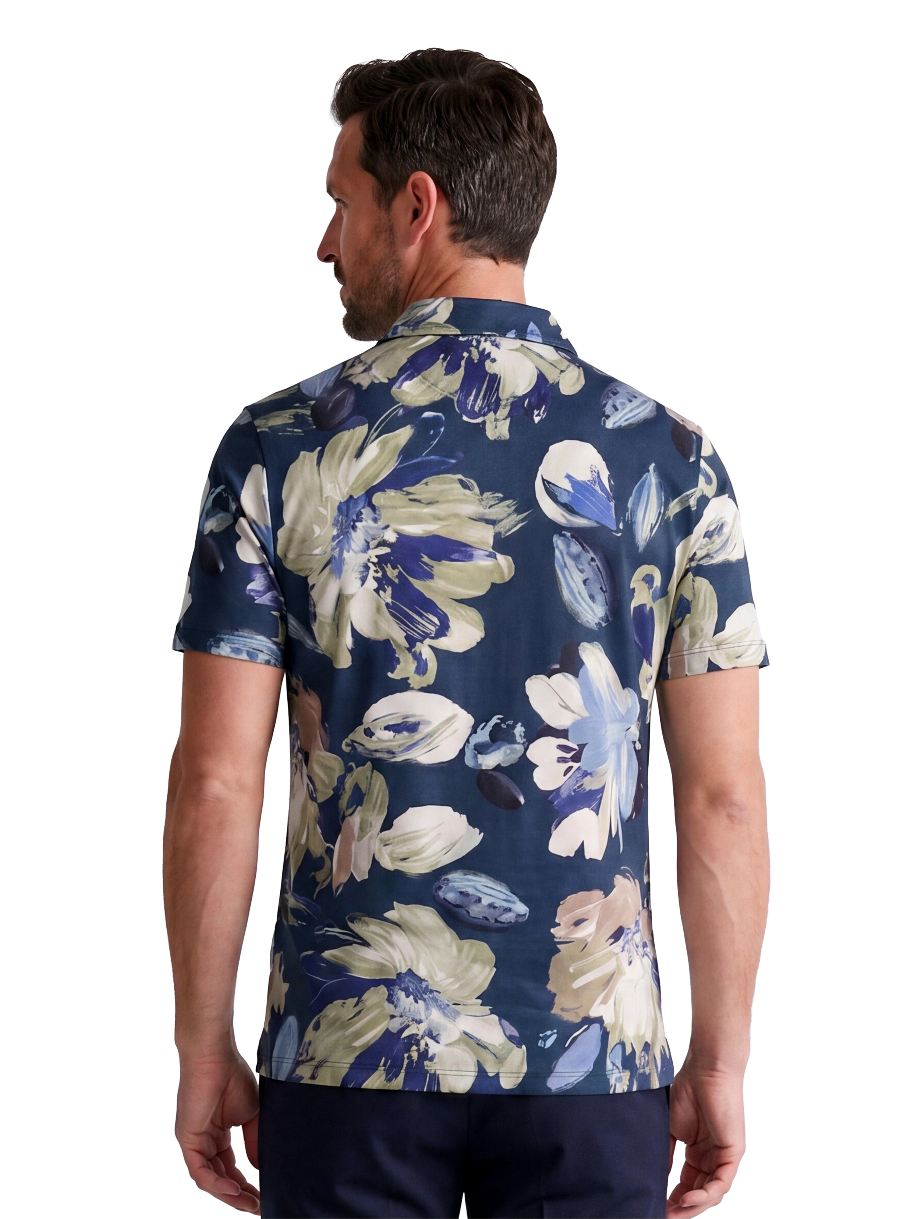 24sevenMen Wrinkle Resistant 3 Button Machine Washable Blue Floral Polo Shirt