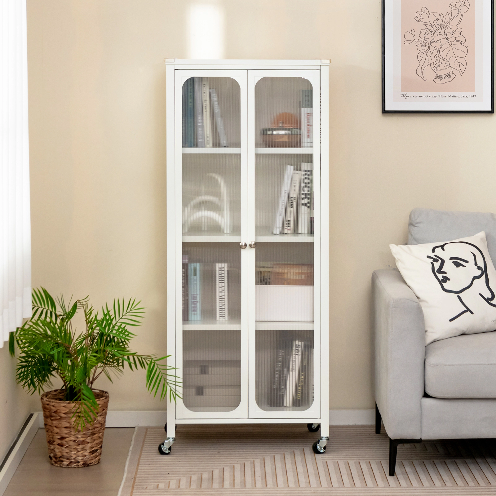SUGIFT White Wheels and 2 Adjustable Shelves Glass Door Storage Cabinet