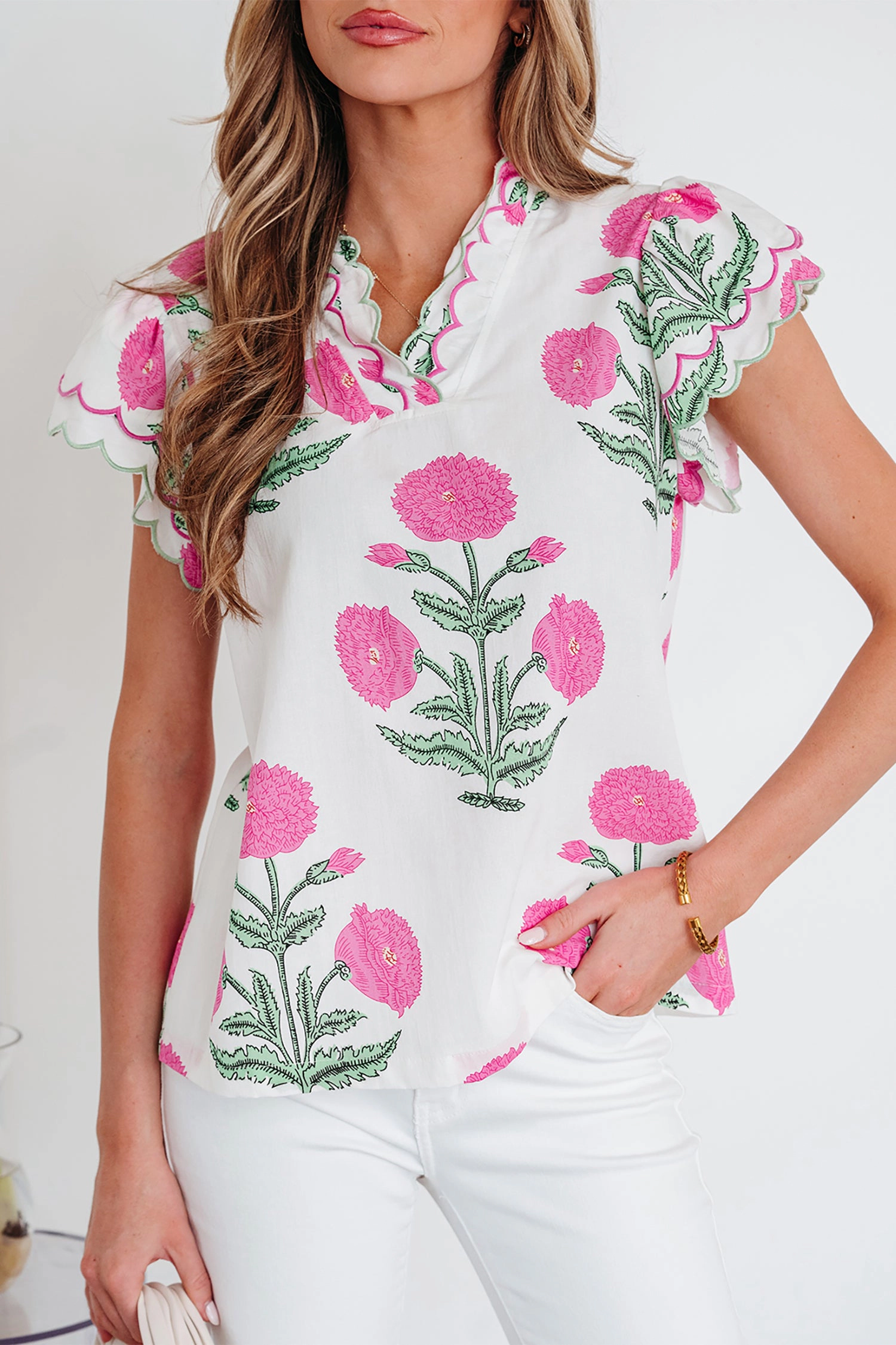 Threaded Pear Women's Mariah Detail Short Sleeve Blouse