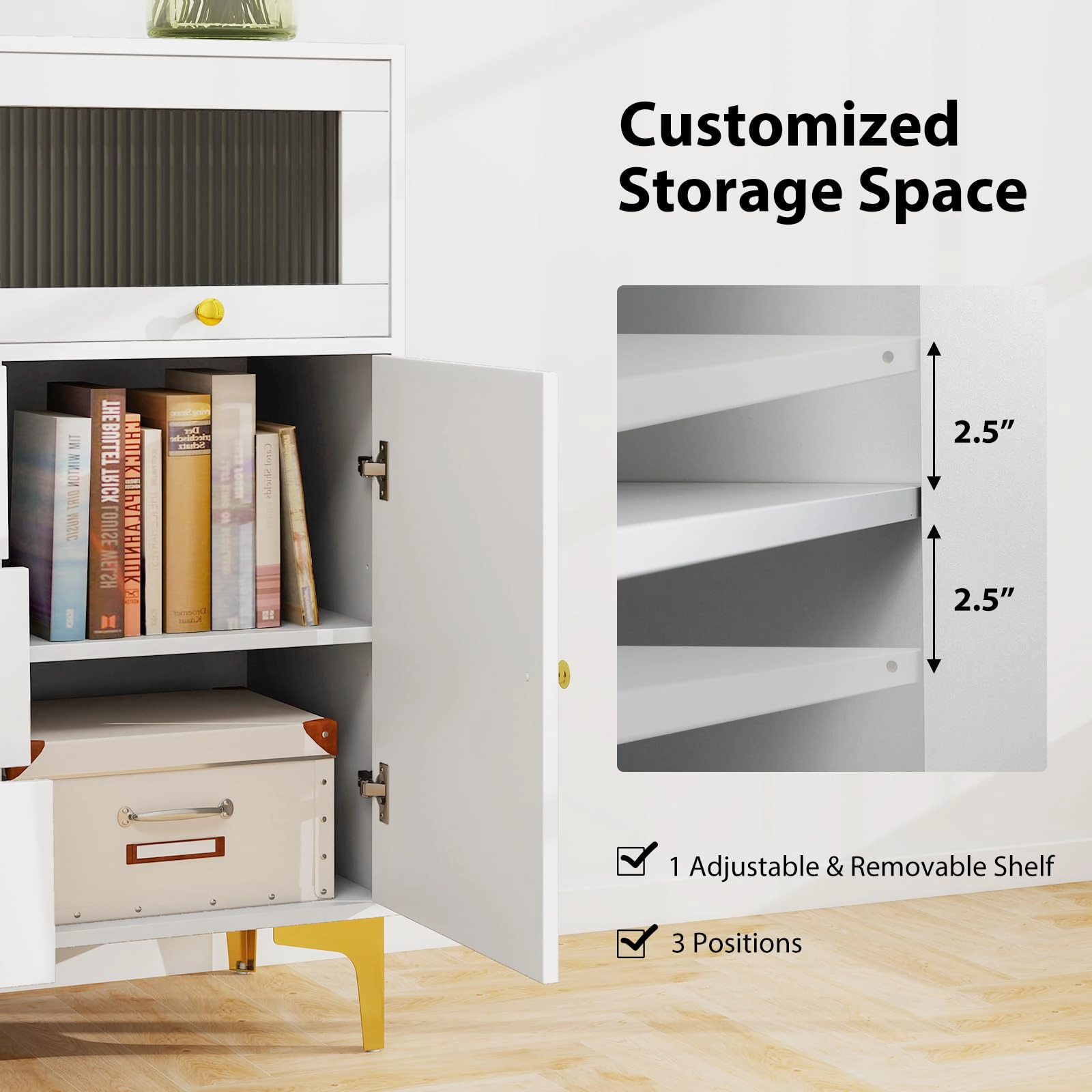 Glintex 3-Drawer Chest with Flip-Up Fluted Glass Door and Metal Legs, Gray