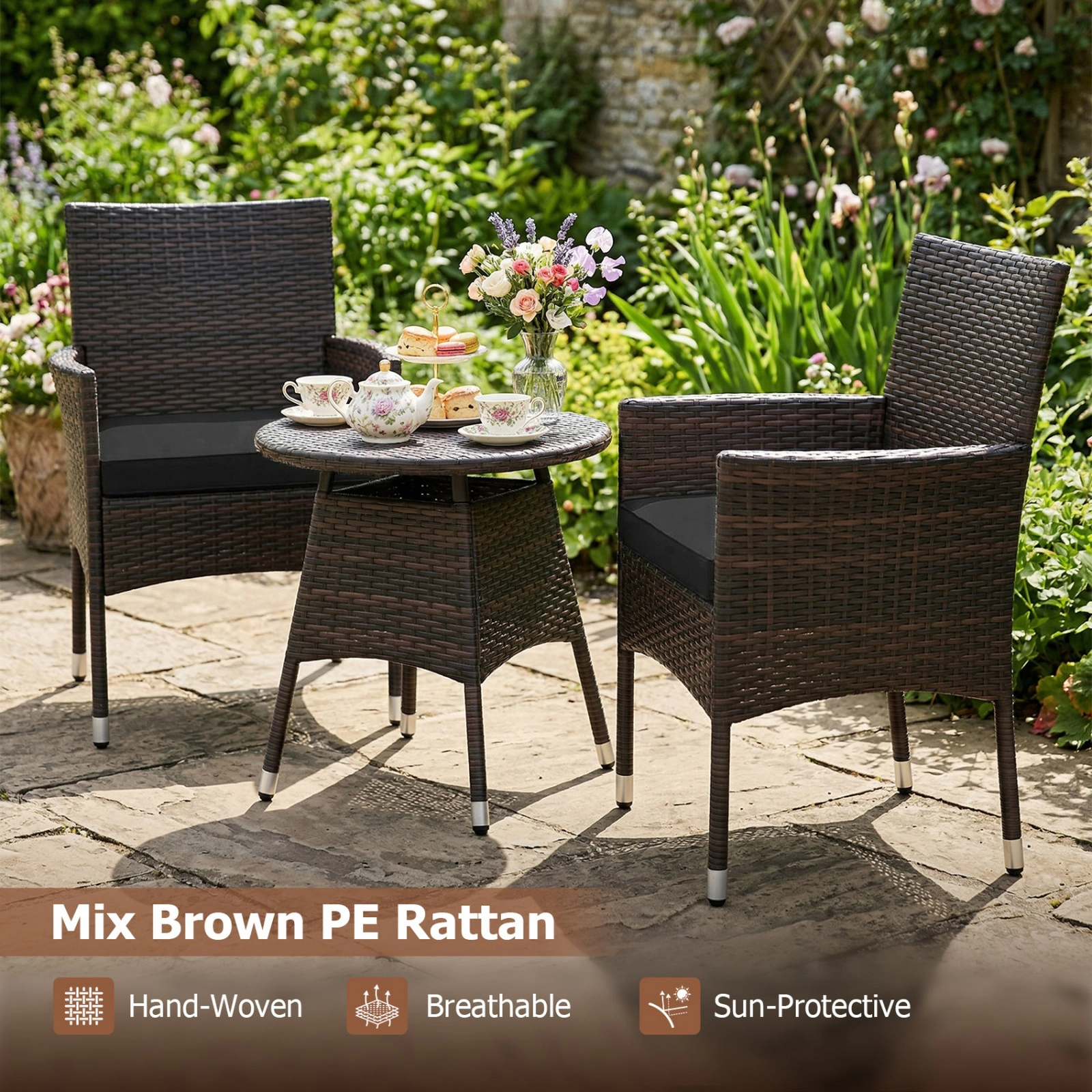 SUGIFT 3-Piece Mix Brown Rattan Outdoor Bistro Set with Reclined Lounge Chairs and Side Table