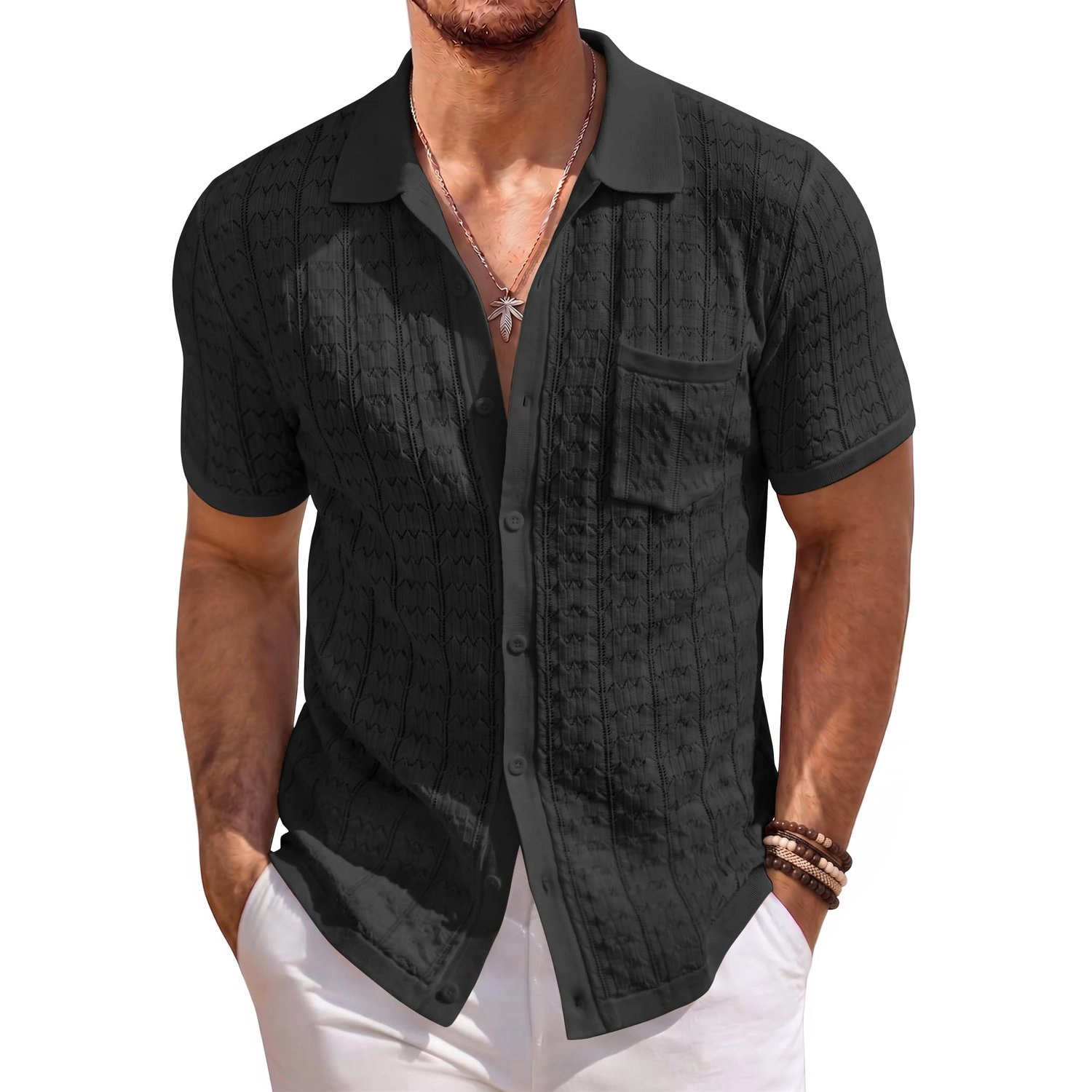 COOFANDY Mens Short Sleeve Button Up Shirts  Lapel V Neck Textured Casual Tops
