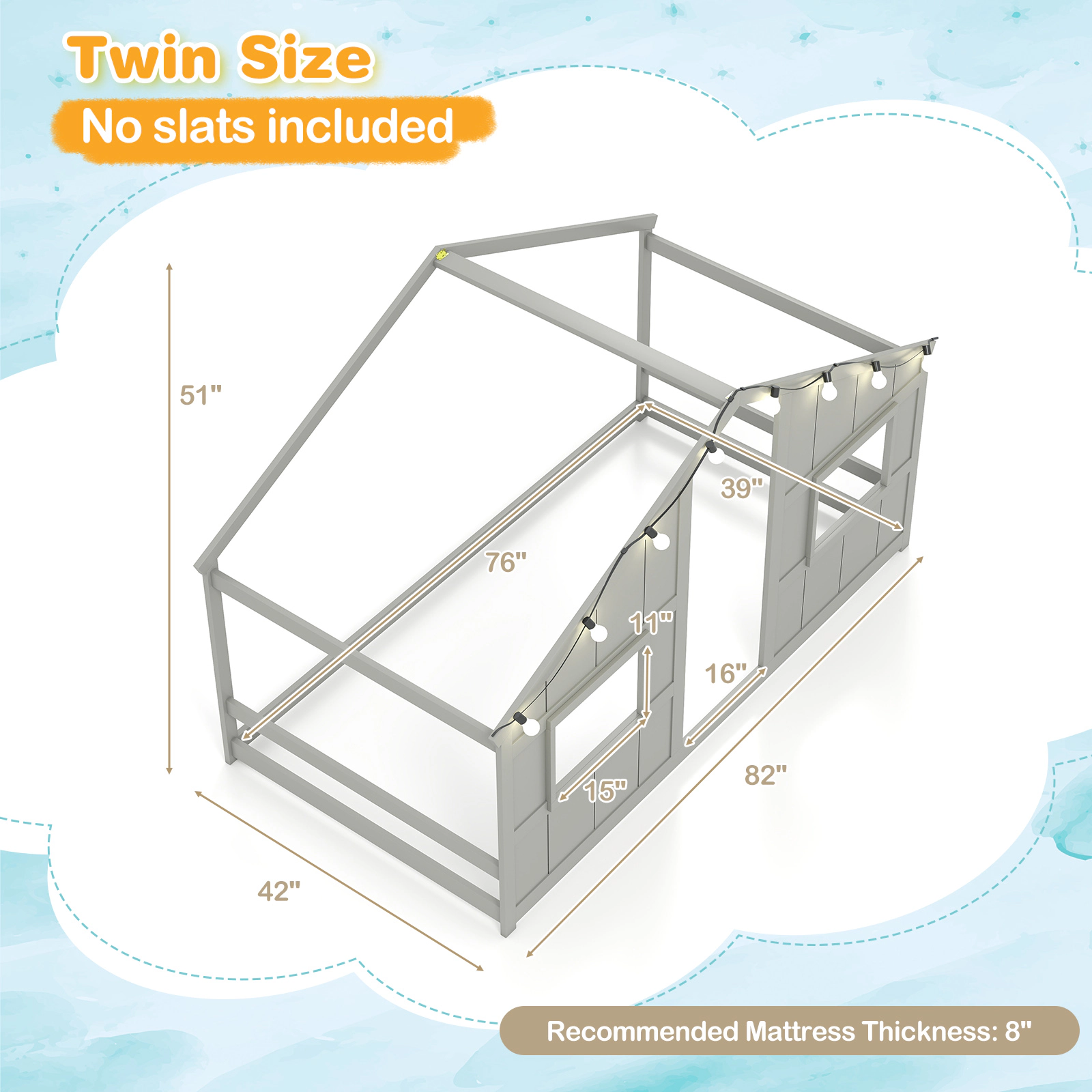 SUGIFT Twin Size Slat-Free House Floor Bed with LED Lights 51-in Tall Toddler Bed Solid Wood Frame Gray White Natural