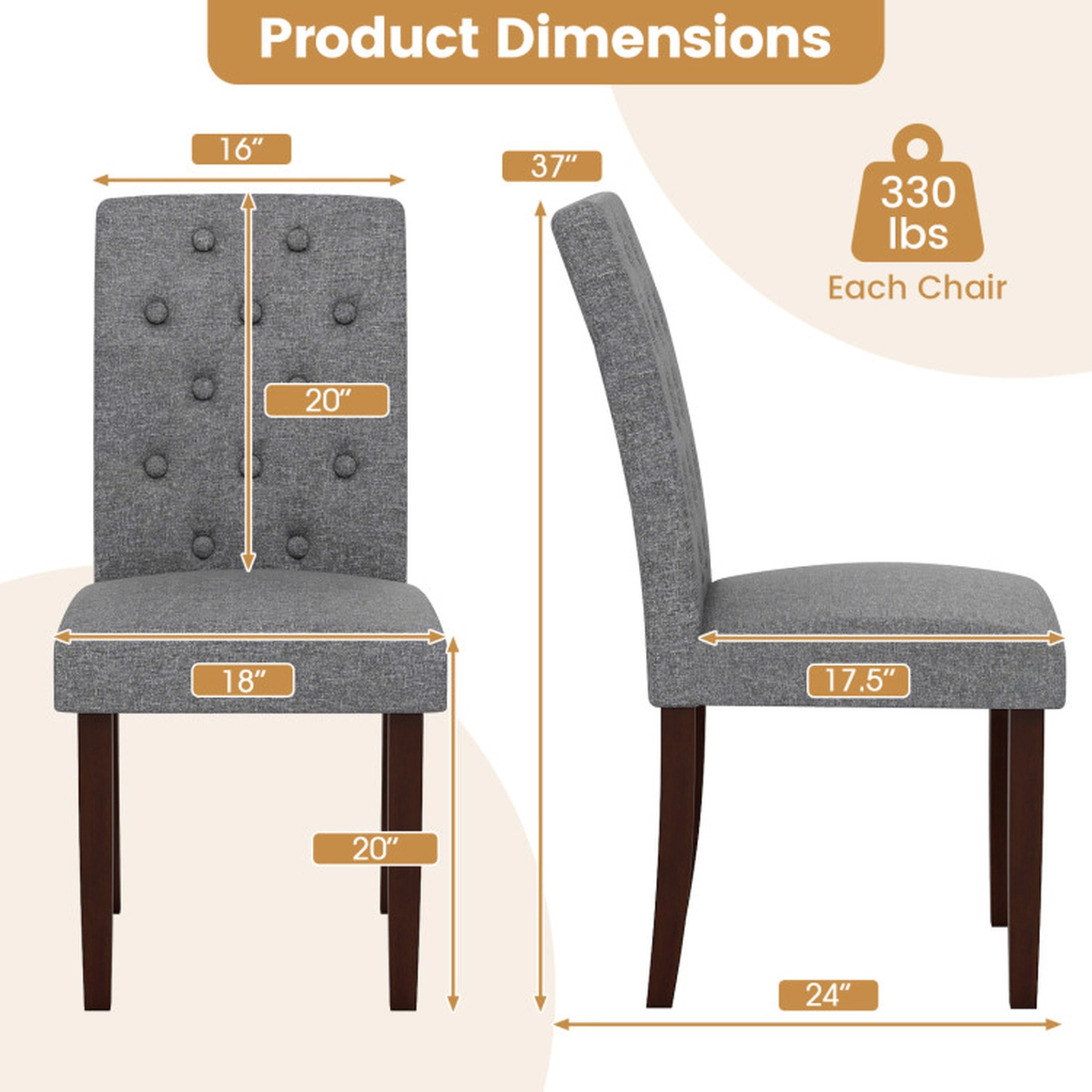 SUGIFT Button Tufted Fabric Upholstered Wooden Dining Chair Set of 2 with High Curved Back 330-Lb Capacity Gray
