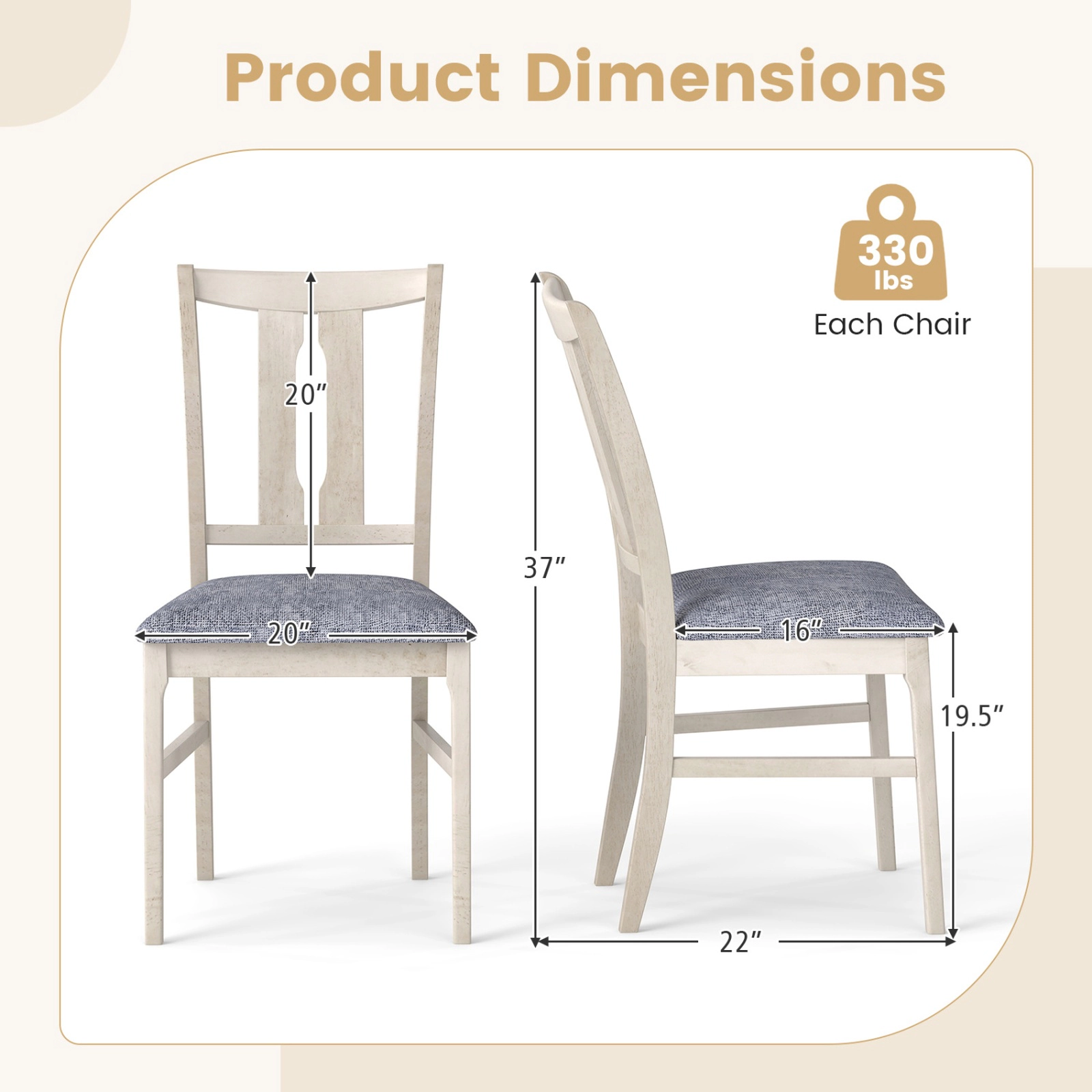 SUGIFT Set of 2 Wooden Upholstered Dining Chairs High Curved 20-in Back 330-lb Capacity Gray & White Rubber Wood Frame