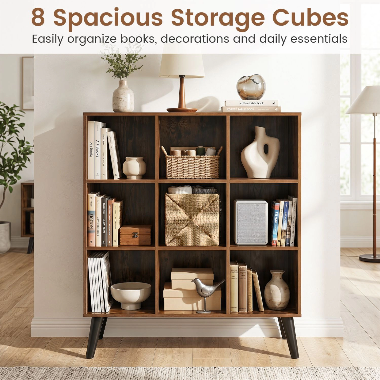 SlickBlue 8-Compartment Bookcase with Open Shelves and Display Storage