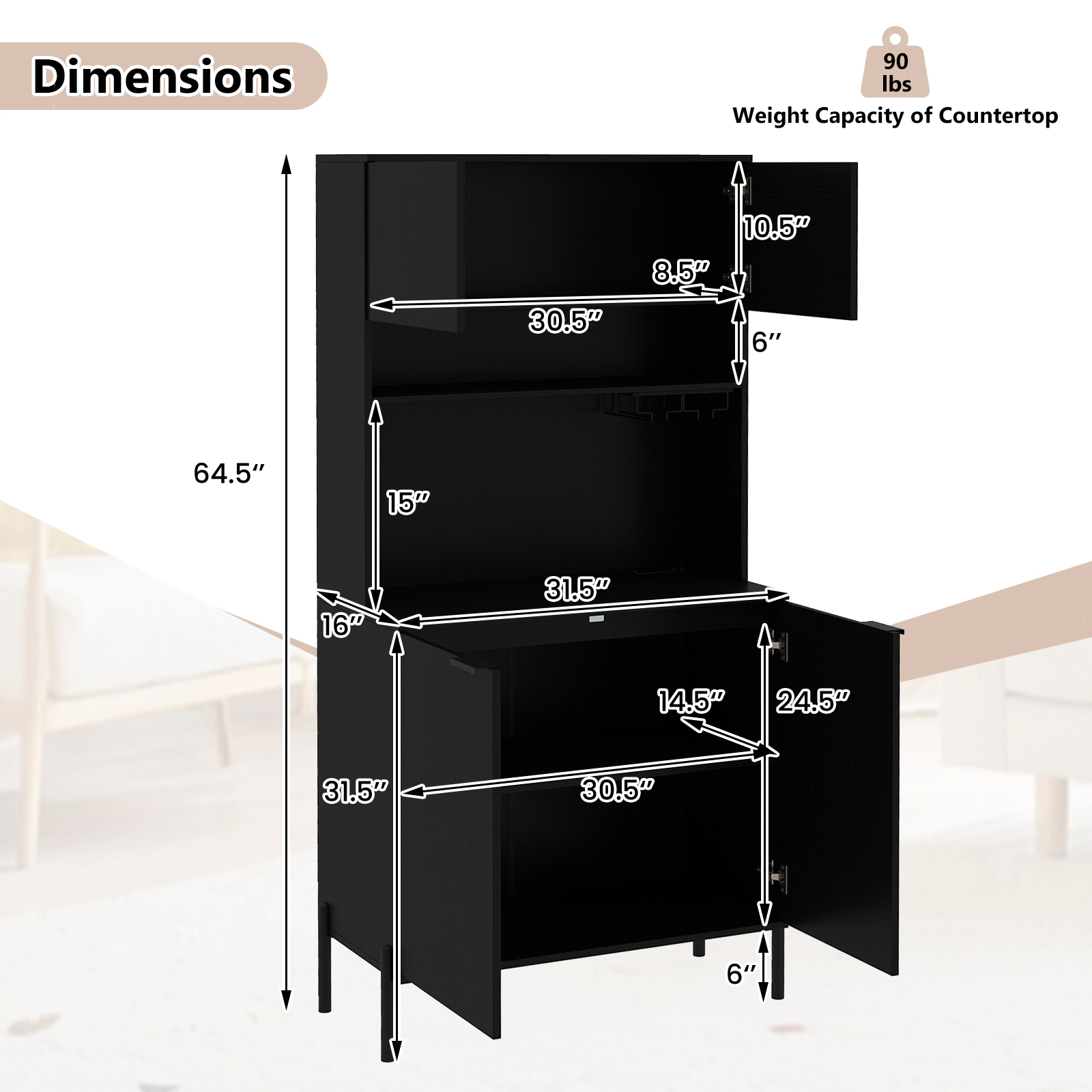 SUGIFT 64.5-in Tall 90-lb Countertop Black Pantry Cabinet with Charging Station Wine Glass Rack and Open Shelf